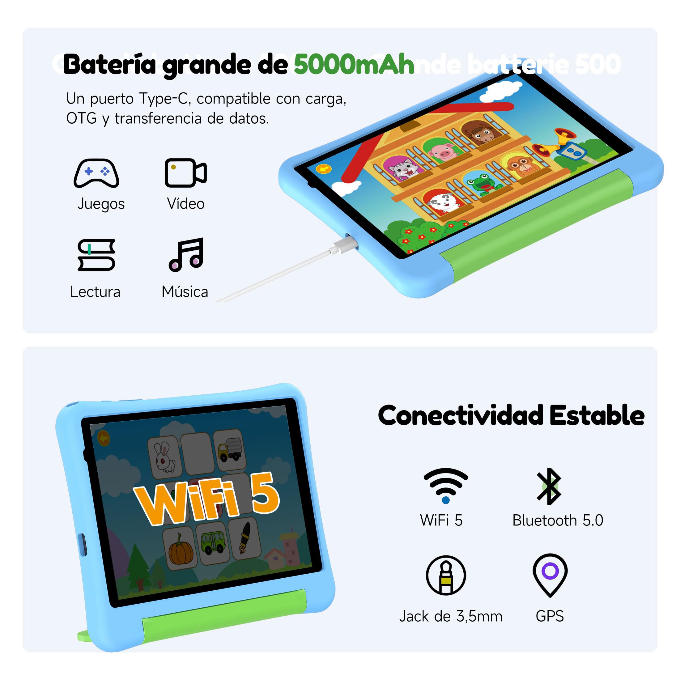 ALLDOCUBE Tablet para Niños 8 Pulgadas,Tablet Infantil con Android 15,5000mAh,32GB ROM,1280×800, WiFi,Control Parental,Tableta educativa para niños con Funda,Azul