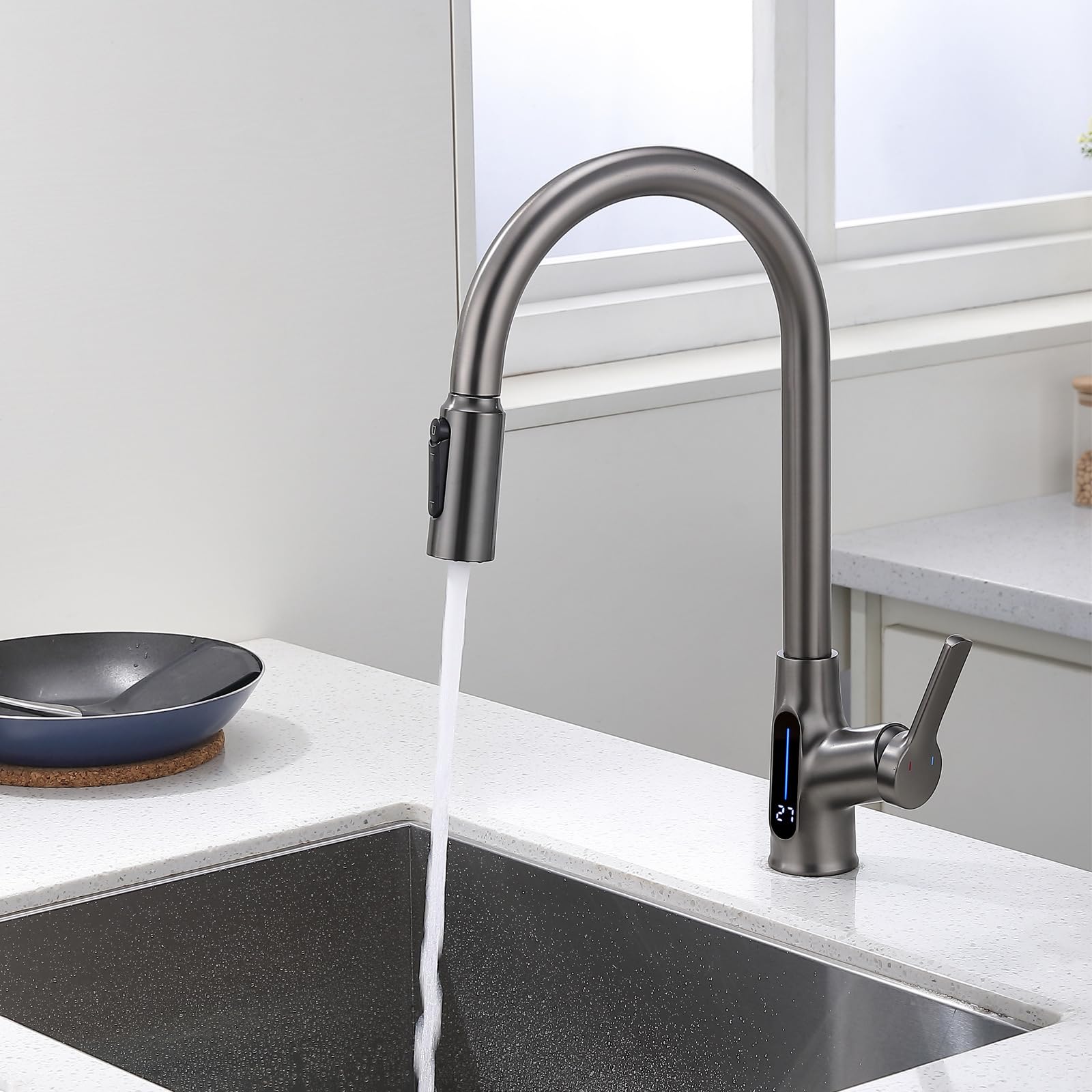 Rubinetto da Cucina a 3 Vie Miscelatore da Cucina con doccetta Estraibile Rubinetto per Acqua Potabile con Display Maniglia Singola Rubinetto per Acqua Potabile a Doppia modalità Filtro per