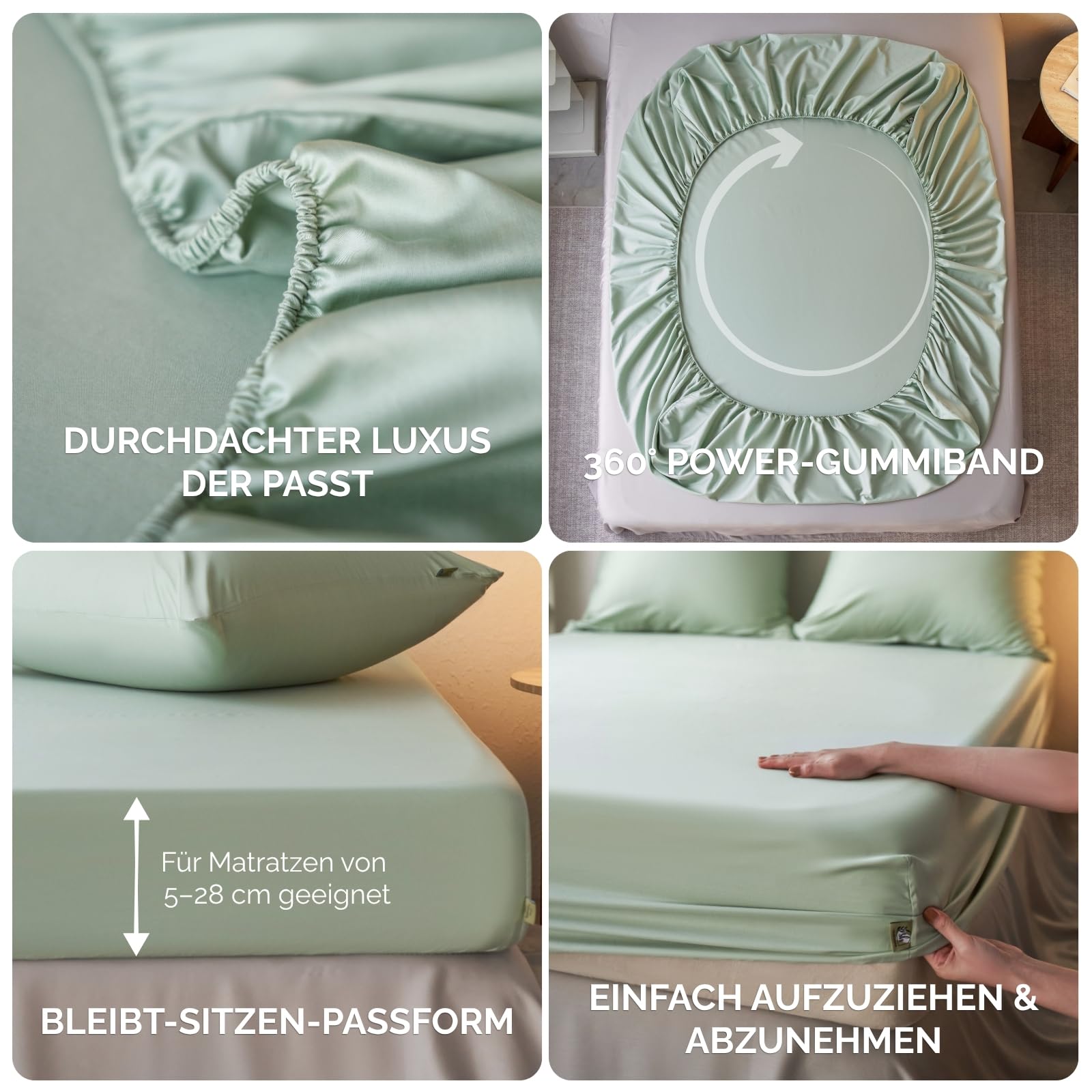 SALADHOUSE Spannbettlaken 180x200 Grün mit extra tiefen Taschen (bis 30cm) 360° Gummizug I Straffer Sitz ohne Verrutschen I Boxspring Spannbetttuch aus Ägyptischer Baumwolle Satin I ÖKO-TEX Bettlaken