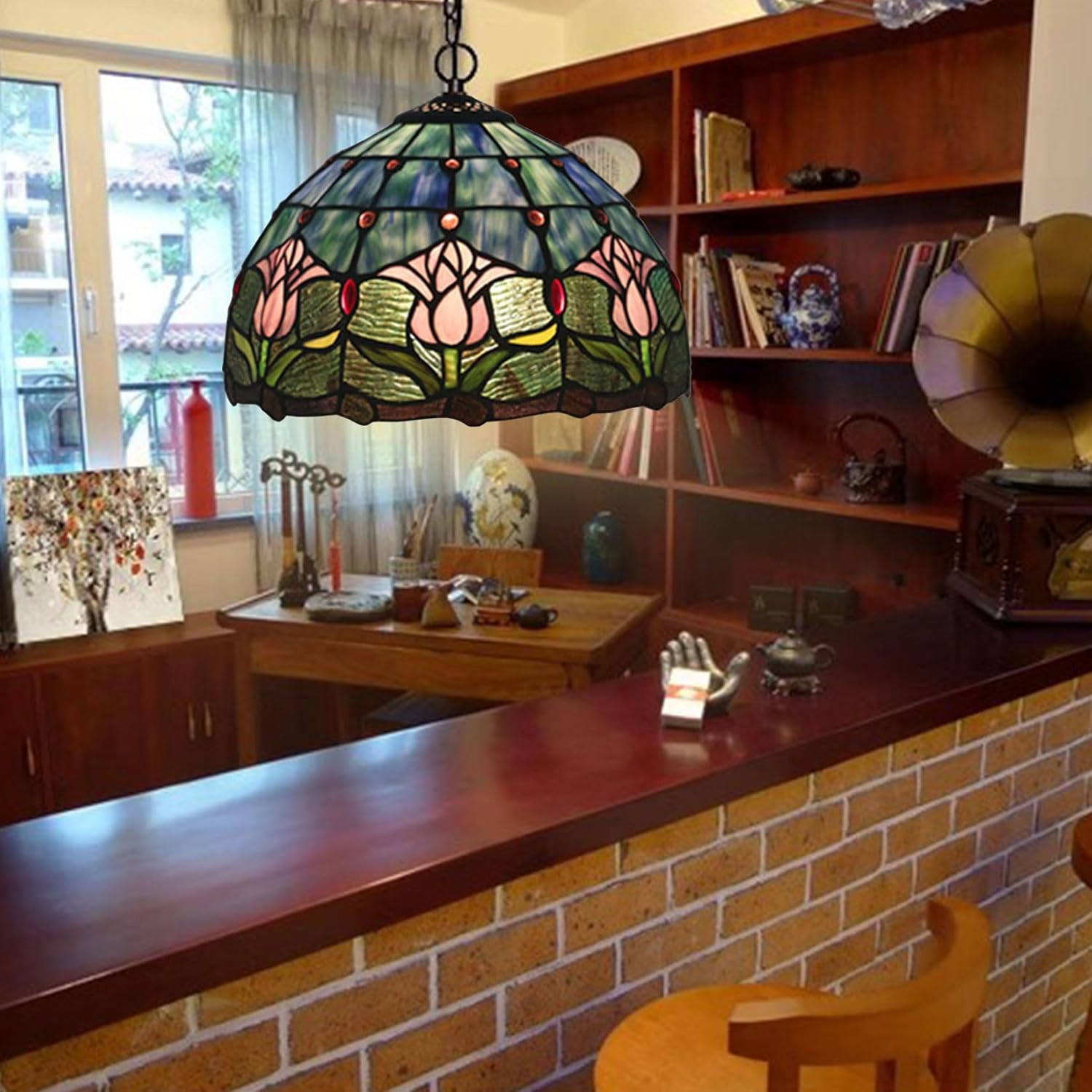 Tiffany Lamp Shade Replacement 12" Tulip Pattern Stained Glass Lampshades Only with Cap Pink Blue Purple Green Vintage Light Cover for Table lamp Pendant Light Ceiling Fixture Home Decoration