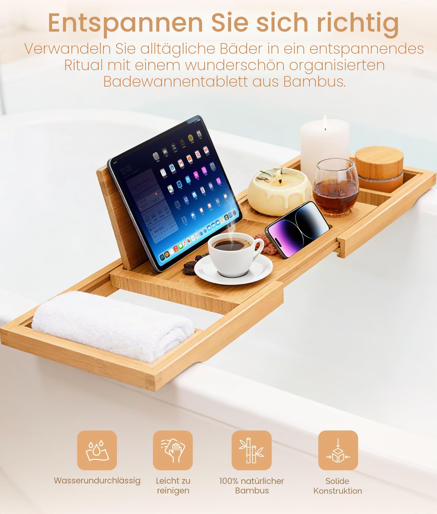 ADOV Badewannenablage, Erweiterbar Luxus Spa Bambus Holz Badewannenbrett mit Halter für Buch Tablet Telefon Glas und Kerze, Einstellbar Badewannentablett Caddy Brücke Passt Meisten Badewanne Größen
