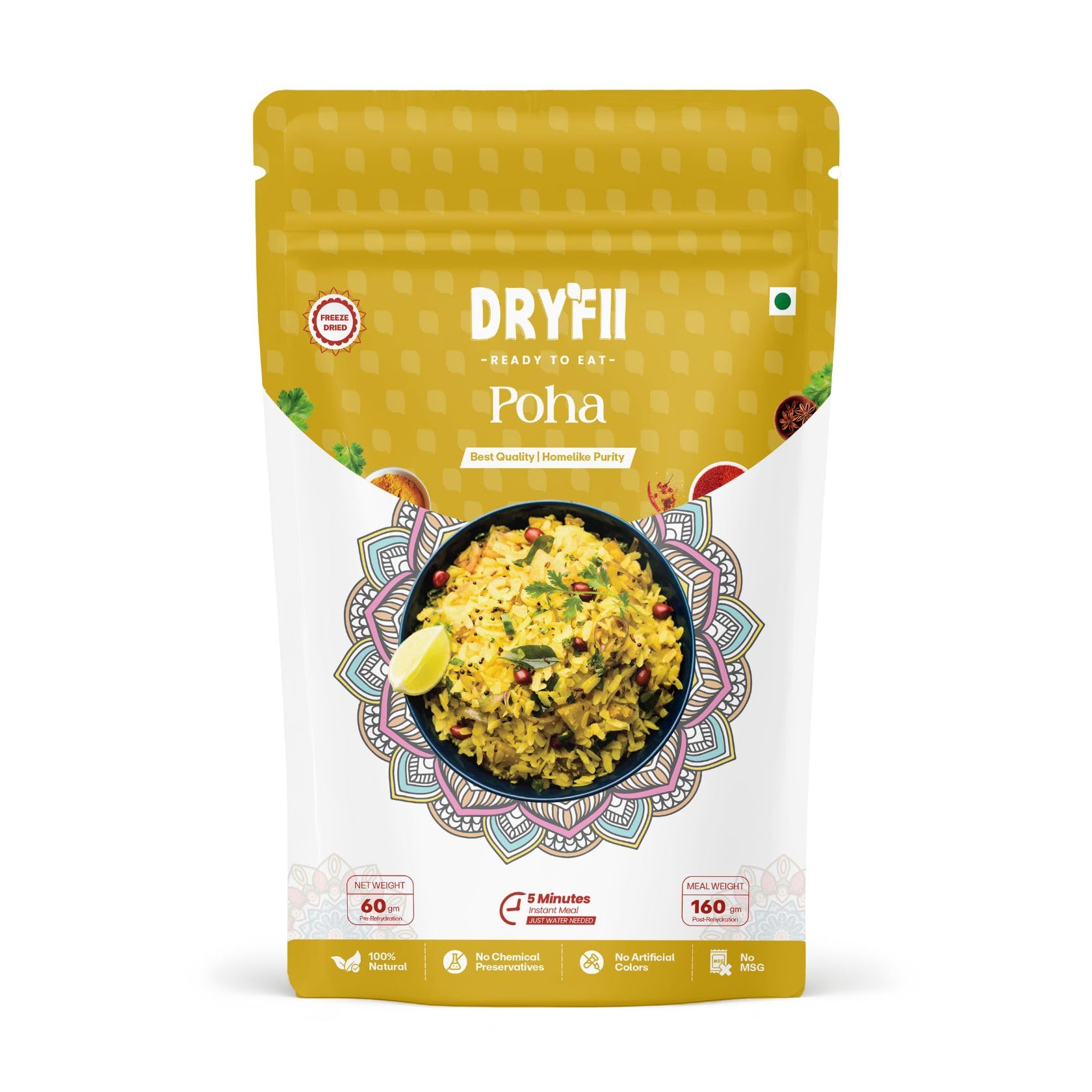 Dryfii Ready-to-Eat Instant Jain Poha | Pure Veg | Freeze Dried | No Onion, No Garlic | Rehydrated Weight 160 g