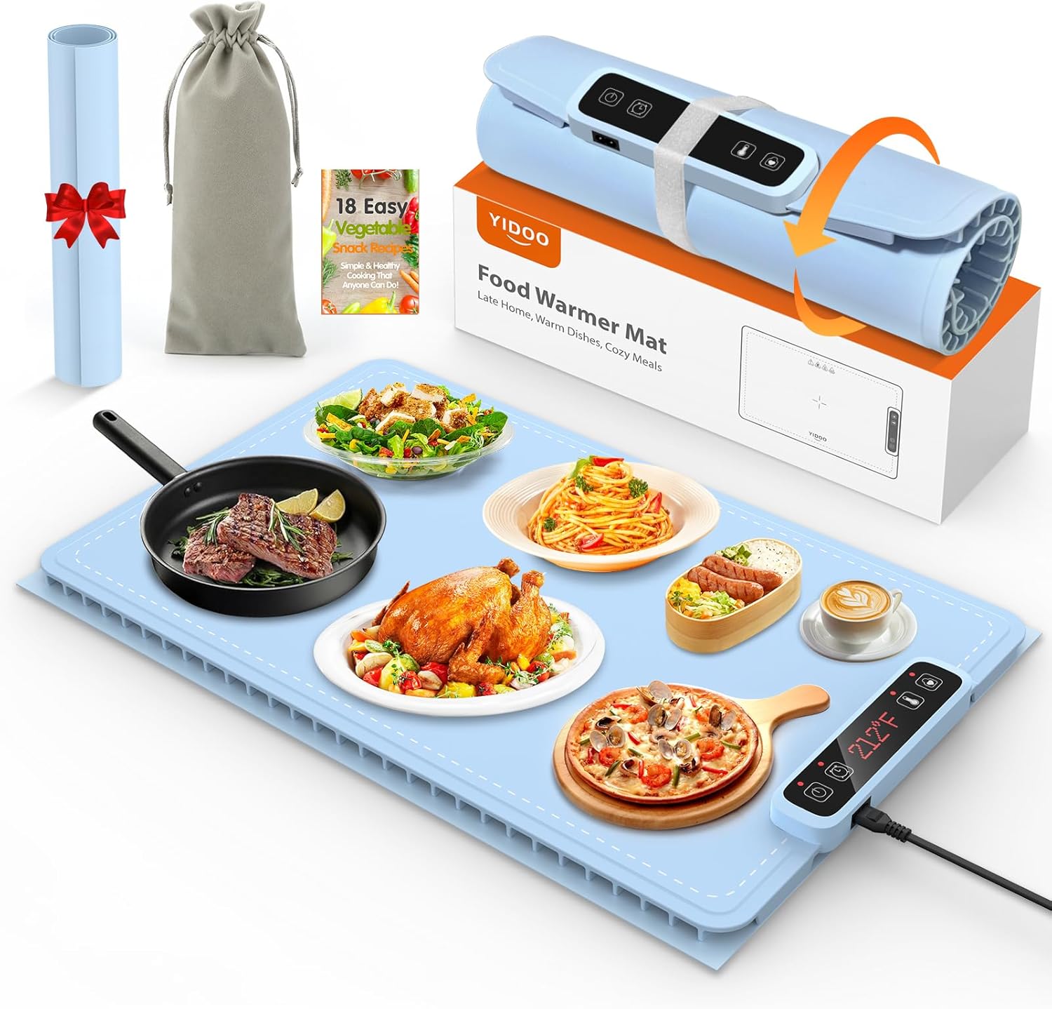 Premium Electric Warming Tray for Food - 5 Temp & 4H Timer, Anti-Scald Silicone Portable Food warmer Mat, Safety Lock, Roll-Up Design - Food Warming Mats for Countertop & Buffet Party Gathering L Baby Blue