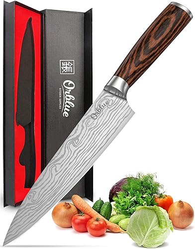 Orblue Cuchillo de chef de acero inoxidable alemán de alto carbono de 8 pulgadas para cortar, picar, cortar en cubitos, rebanar y picar, cuchillo de