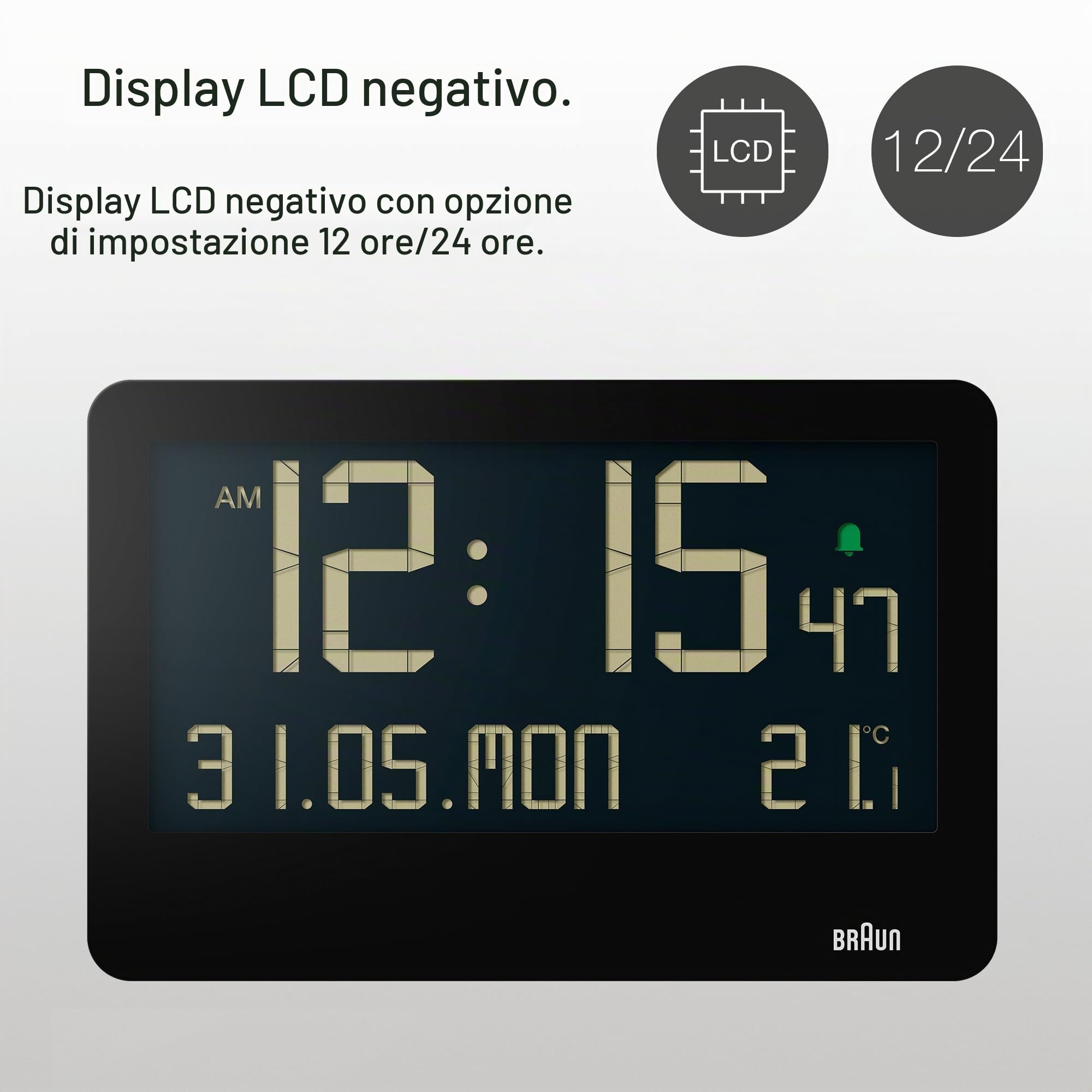 Braun Orologio da parete digitale temperatura interna, data, giorno della settimana, ampio display LCD inverso, impostazione rapida, allarme acustico in bianco, modello BC14B.