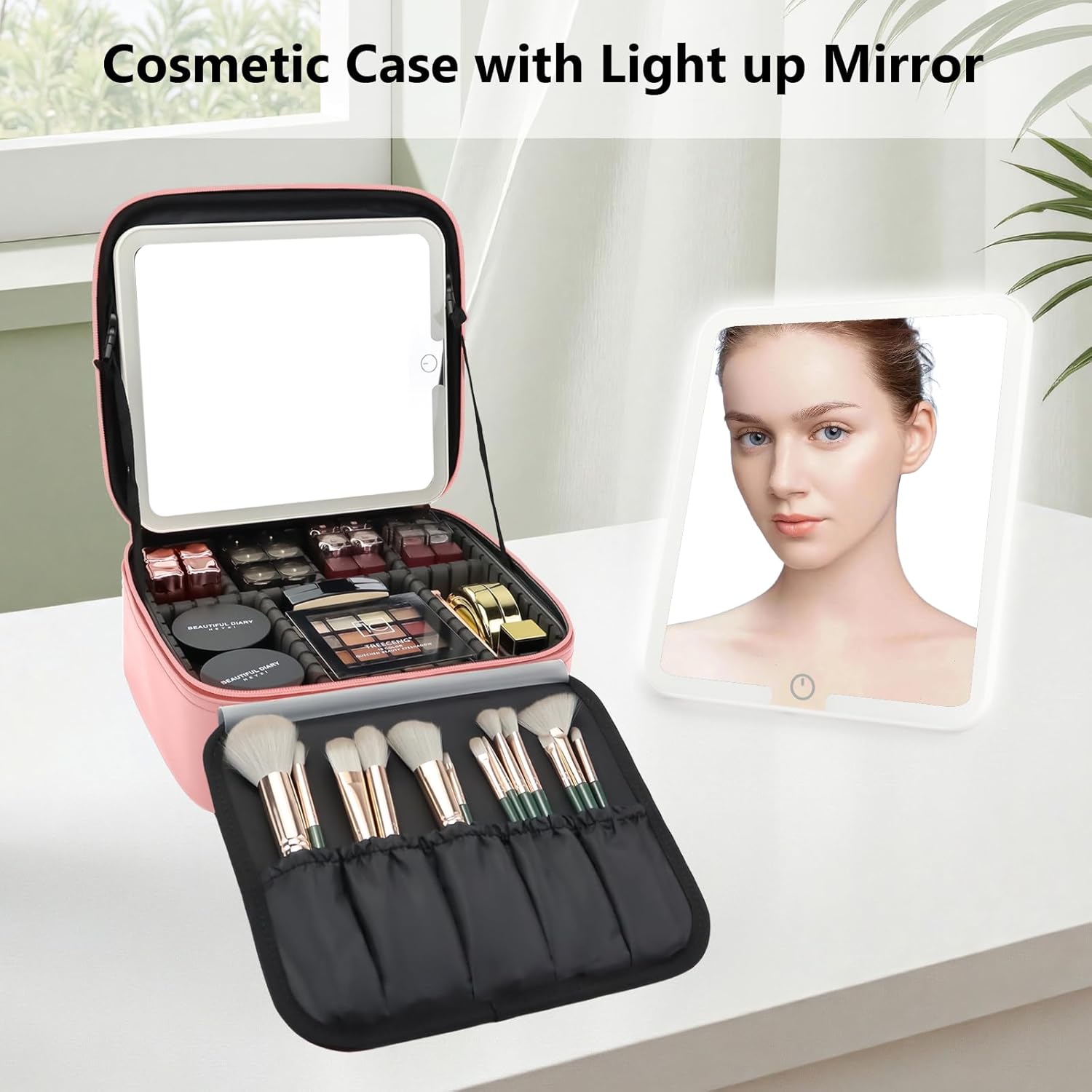 Travel Makeup Bag with LED Mirror Travel Makeup Organizer with 3 Lighted Settings, Adjustable Dividers and Makeup Brush Storage Bag Pink - Image 3