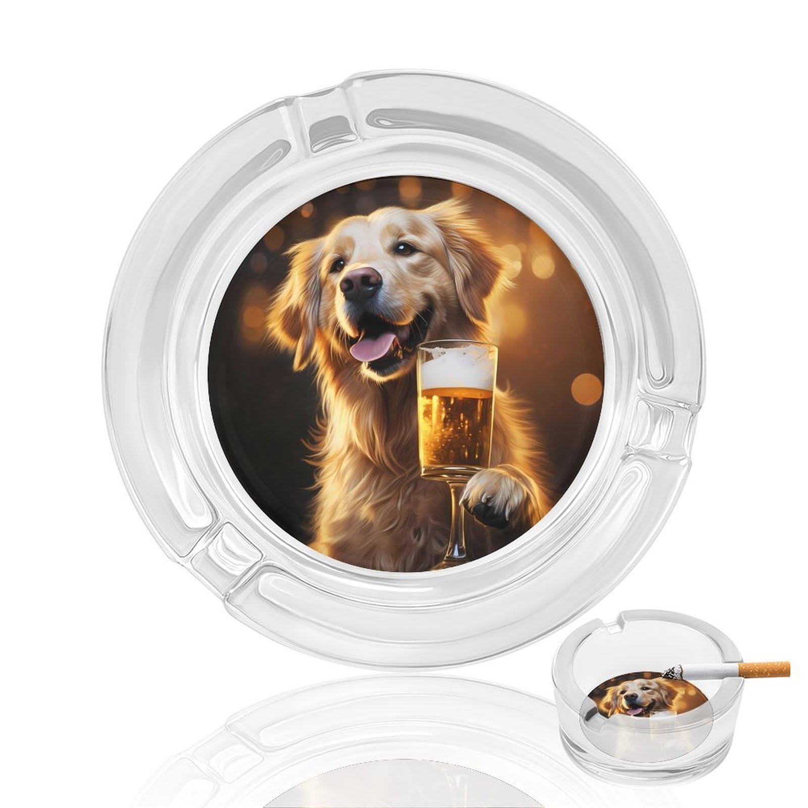Gold Retriever Dog And Beer Ashtray Portable Round Glass Outdoor Ash Tray for Home Office Garden Pub