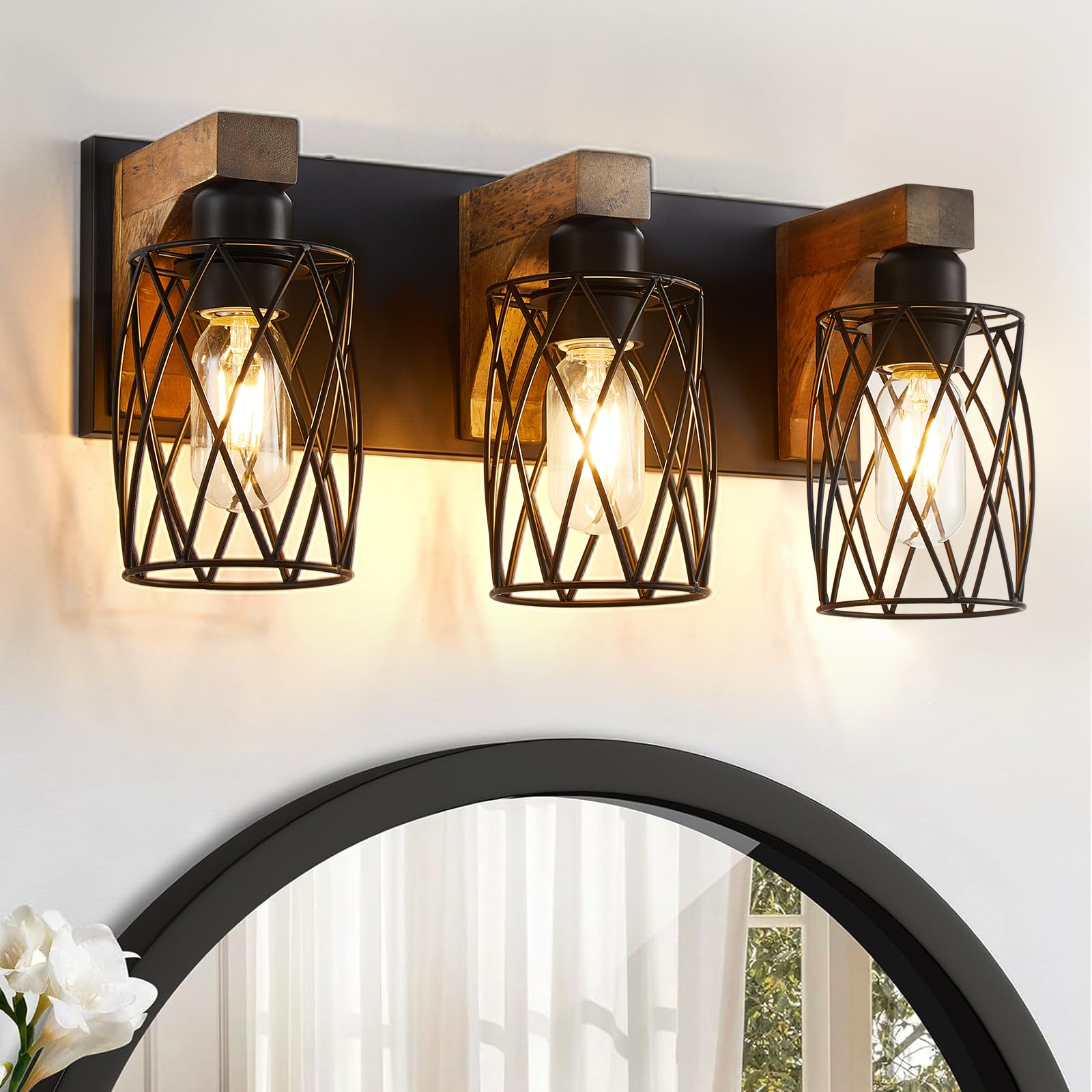 Farmhouse Bathroom Vanity Light, 3-Light Wood Bathroom Light Fixtures Over Mirror, Black Industrial Vanity Lights with Metal Shade, Rustic Bathroom Lighting for Bedroom Living Room Hallway