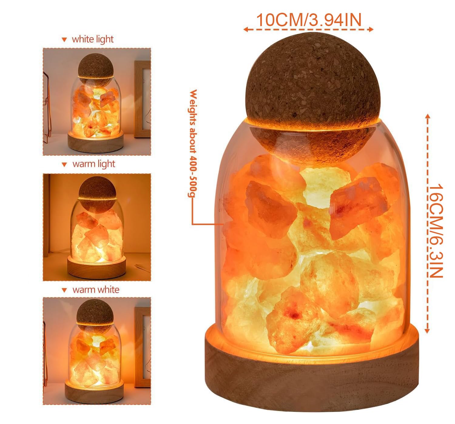 Lampka nocna z kryształu soli, naturalny dyfuzor zapachowy, port USB, 3 tryby kolorów, możliwość ściemniania, dekoracja do sypialni, biura, spa wellness i relaksu