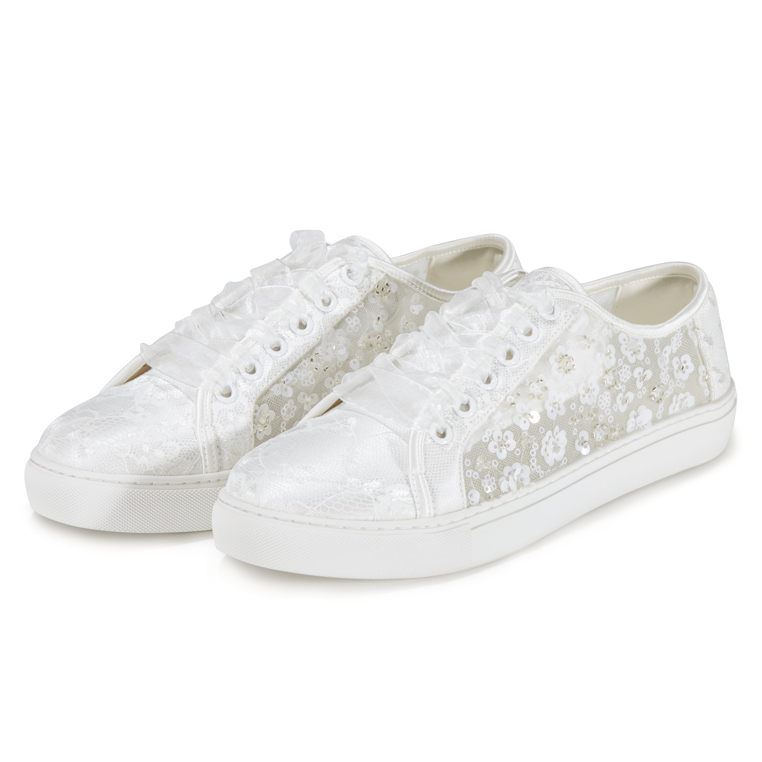 883-10 Sneakers Sposa Donna Pizzo Ricamo Floreale Scarpe Matrimonio Basse Comode Scarpe Sposa con Lacci Nastro