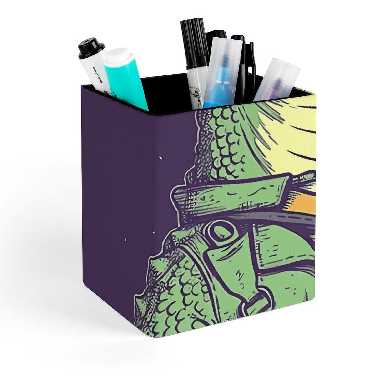 Porte-stylo carré en cuir effet crocodile et pistolet pour un design de bureau premium
