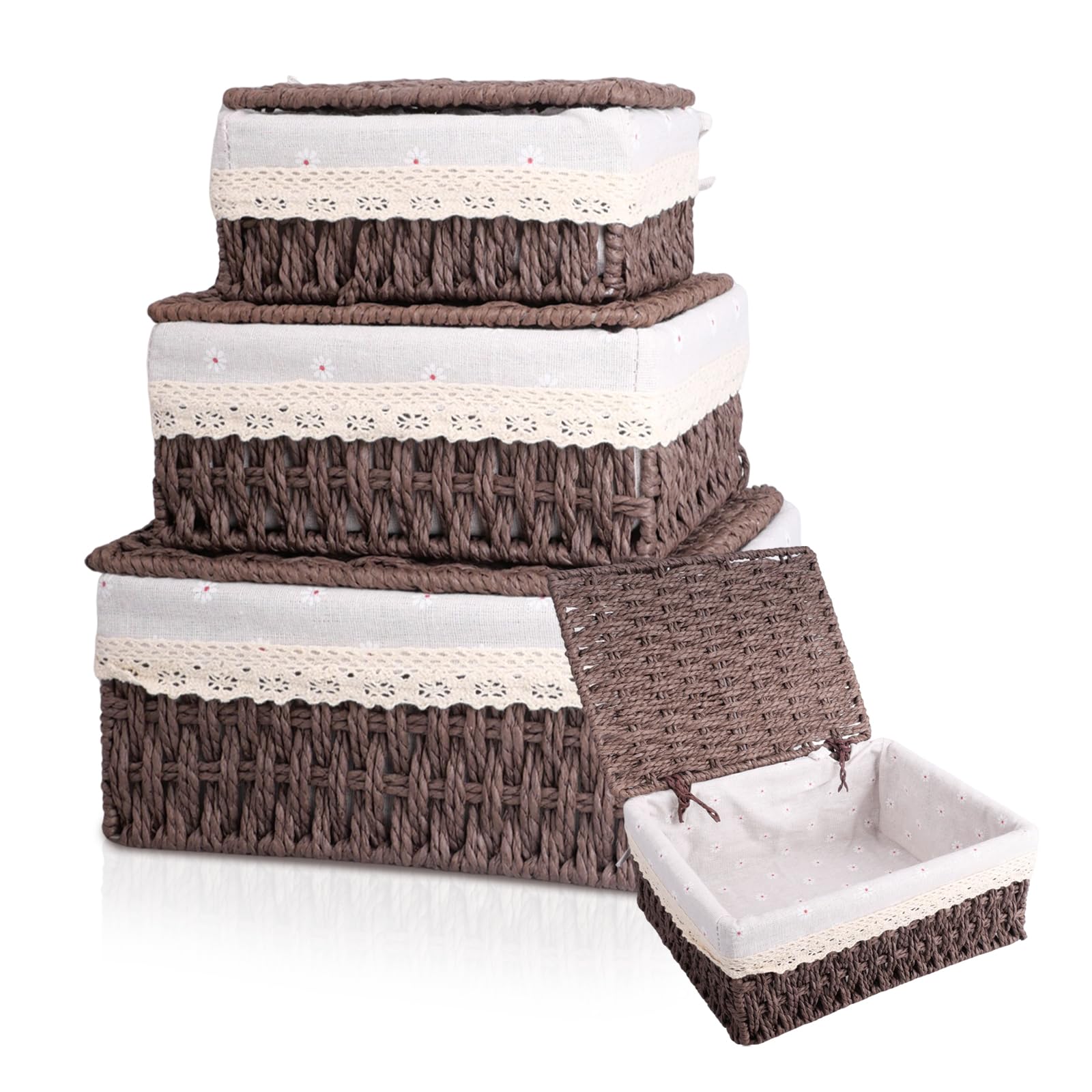 KiKiHong 3-Piece Set Woven Storage Baskets with Lids,Bathroom Basket Basket With Lid Multifunctional Storage Box for Home Office, Bathroom & Bedroom | Boho Decor(Brown) — image 1