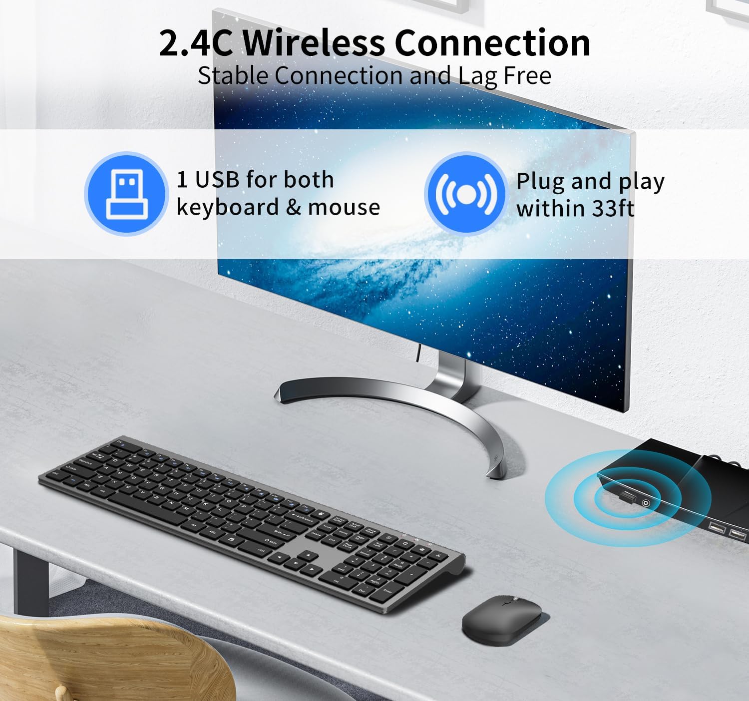 Wireless Keyboard and Mouse Combo, Full Size Slim Computer Keyboard and 2400DPI Silent Optical Mouse with 2.4Ghz Dongle, Invisible Light Design, X Type Scissor Keys, for Computer, PC, Windows, Mac