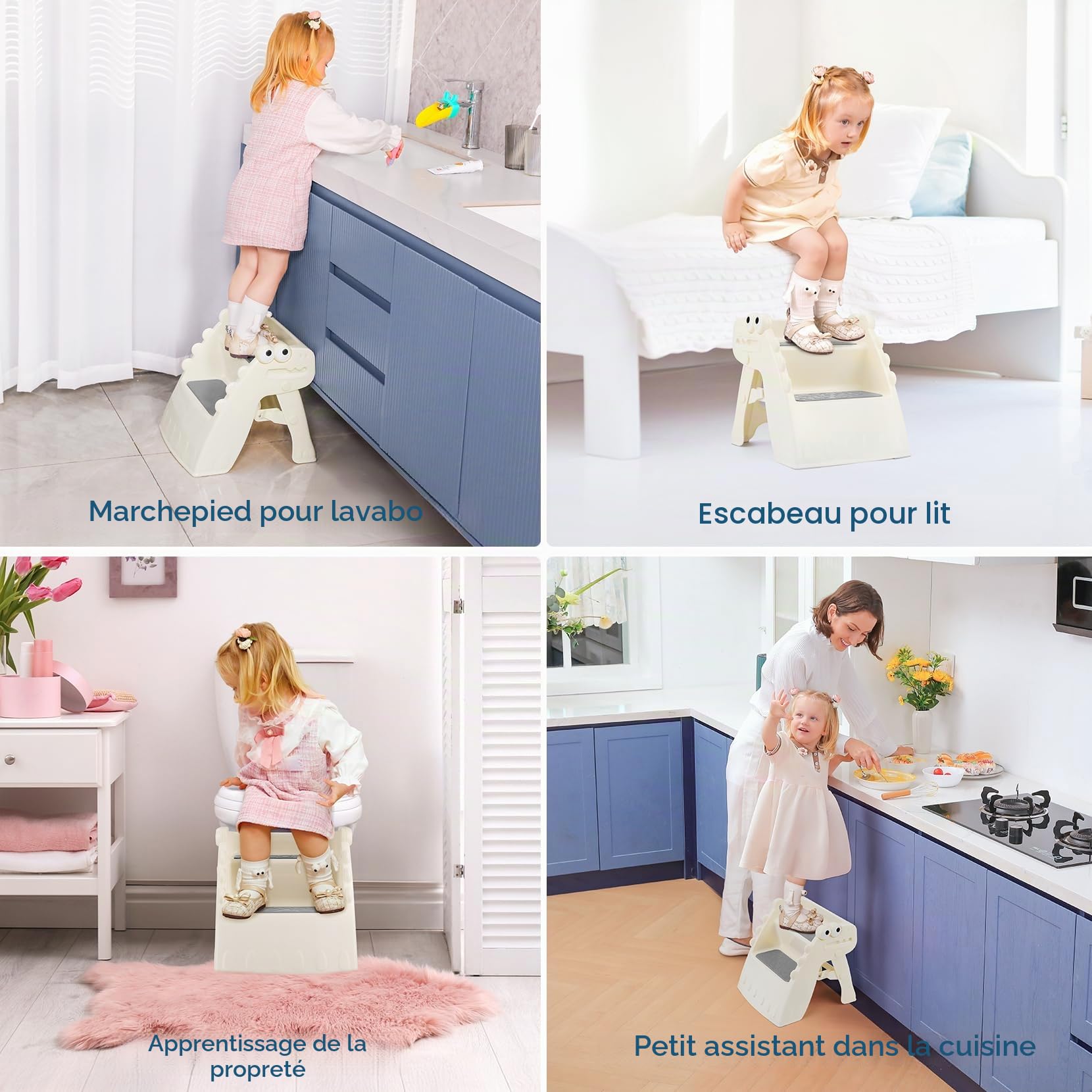 Marchepied Pliable pour Enfant, 2 marches, Antidérapant, Anti-basculement, Marche Enfant pour Salle de Bain et Cuisine (Crème)
