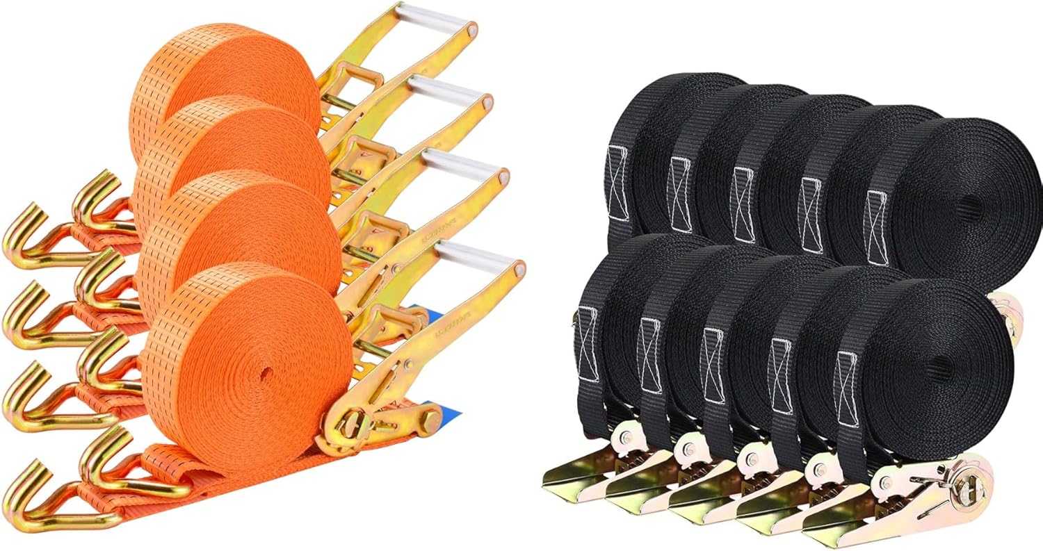 TLGREEN 4Pcs Ratchet Straps Heavy Duty Tie Down Orange +10 Pcs Ratchet Straps Black