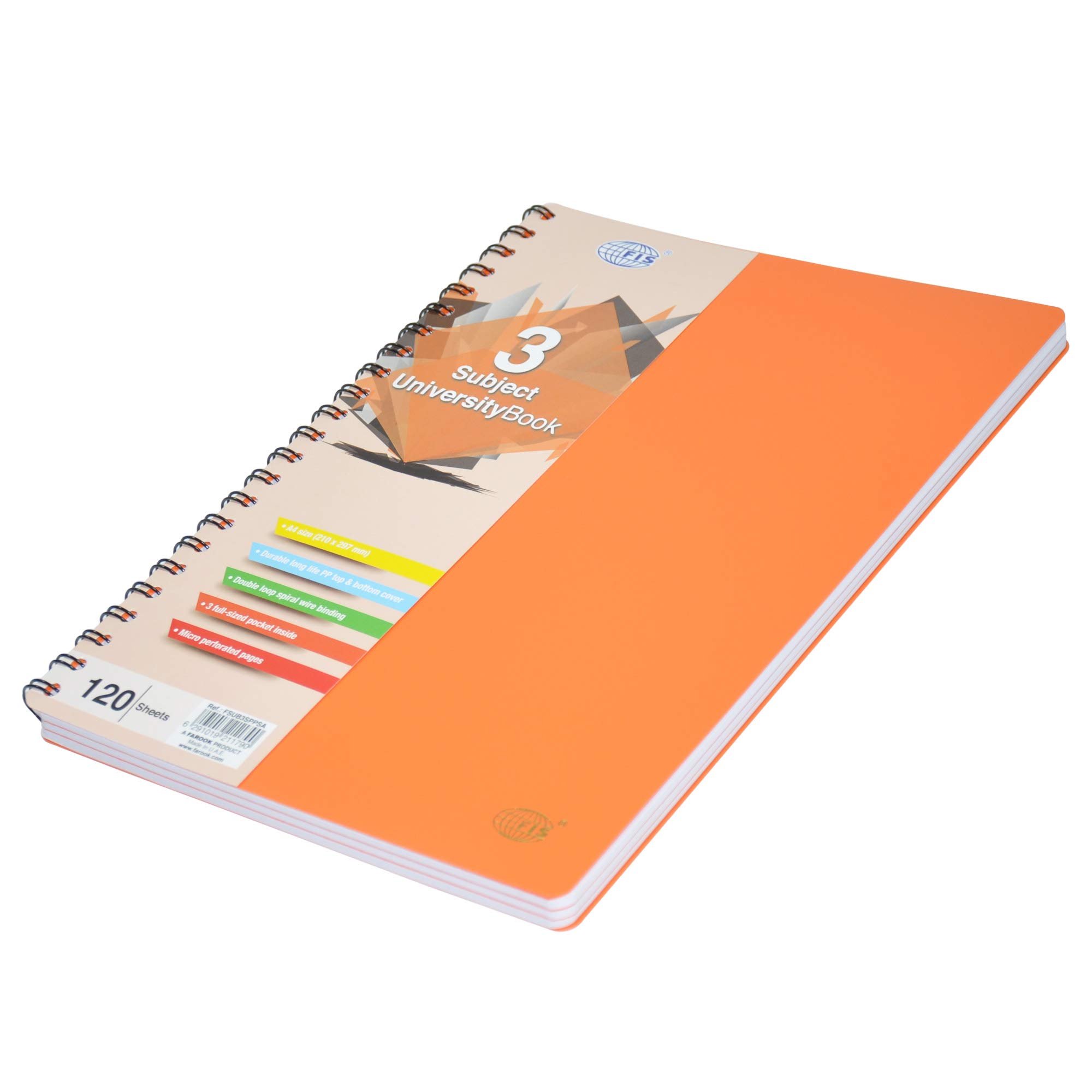 FIS 3 Subject University Books, 120 Sheets, A4 Size, Micro Perforated Pages, Orange Colour - FSUB3SPPSA