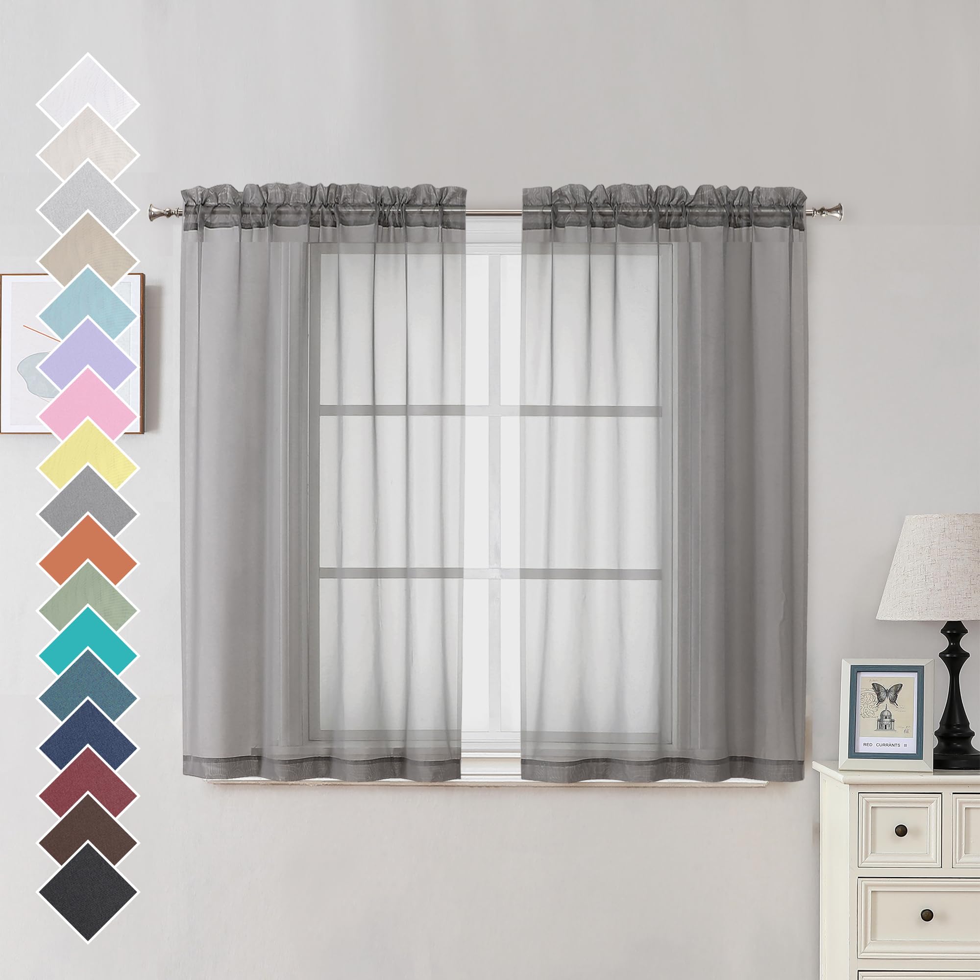 OVZME Voile Sheer Curtains with Decorative Rod Pocket, Modern Airy and Clean Selvedge Window Treatment Panels for Kitchen Room, Each 42" W x 45“L, Set of 2 Panels, Charcoal Grey. — image 1