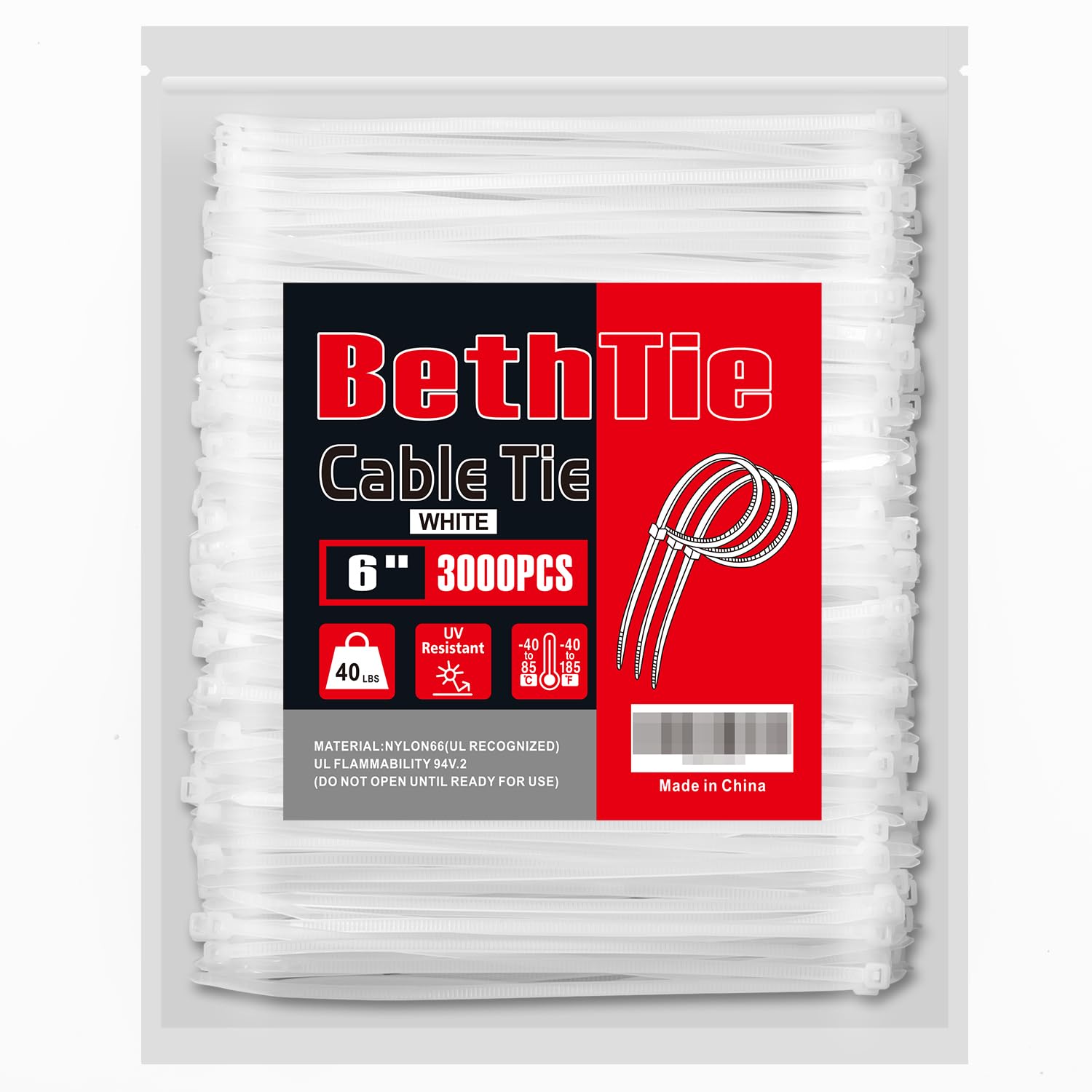 BethTie 3000 bridas blancas de 6 pulgadas, resistencia a la tracción de 40 libras, nailon autobloqueante PA66 resistentes a los rayos UV para uso en interiores y exteriores