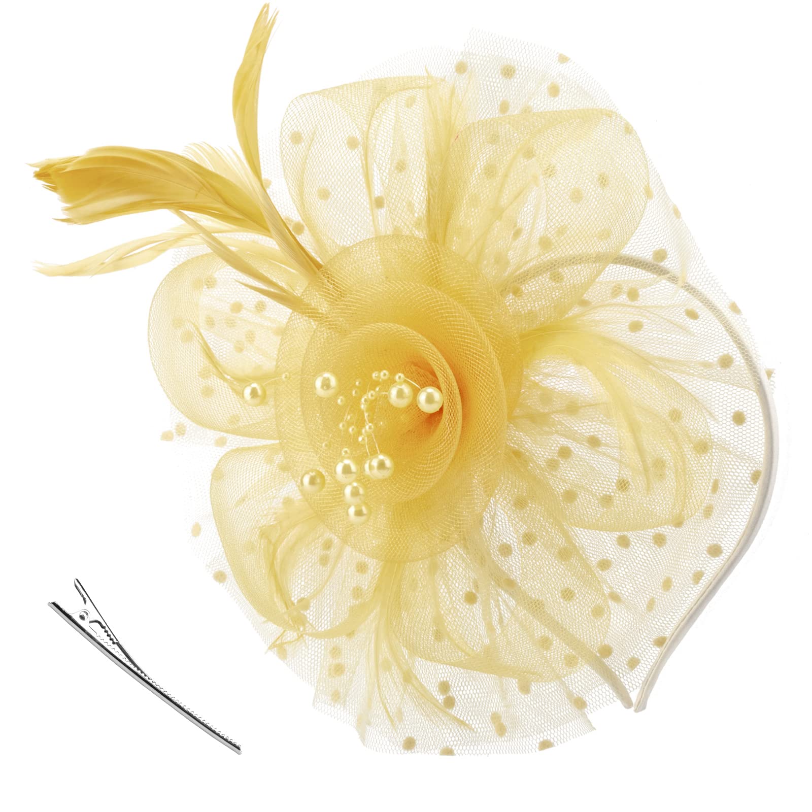 DRESHOW Fascinators Hat Flower Mesh Ribbons Feathers on a Headband and a Clip Tea Party Headwear for Girls and Women