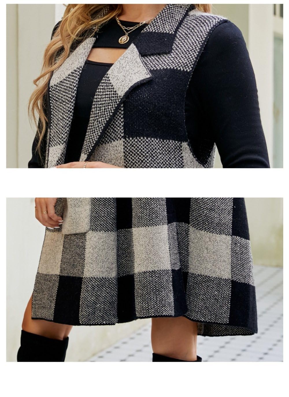 Ärmellose Strickjacke Für Damen Langer Strickpullover Weste Damenmantel Vintage-Karomuster Schalkragen Blazer Strickweste Elegant Karierter Jacquard-Pullover Ärmellos Herbst Und Winter