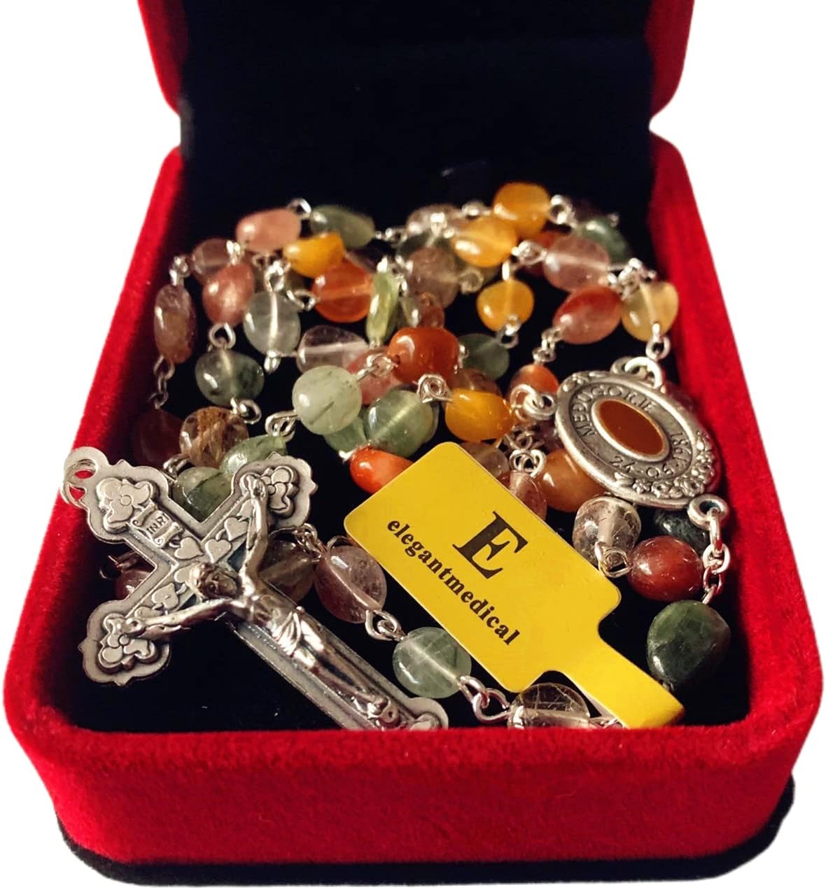 elegantmedical Handmade Natural Quartz Rutilated Beads Rosary Cross Catholic Necklace Gift Box - Image 5