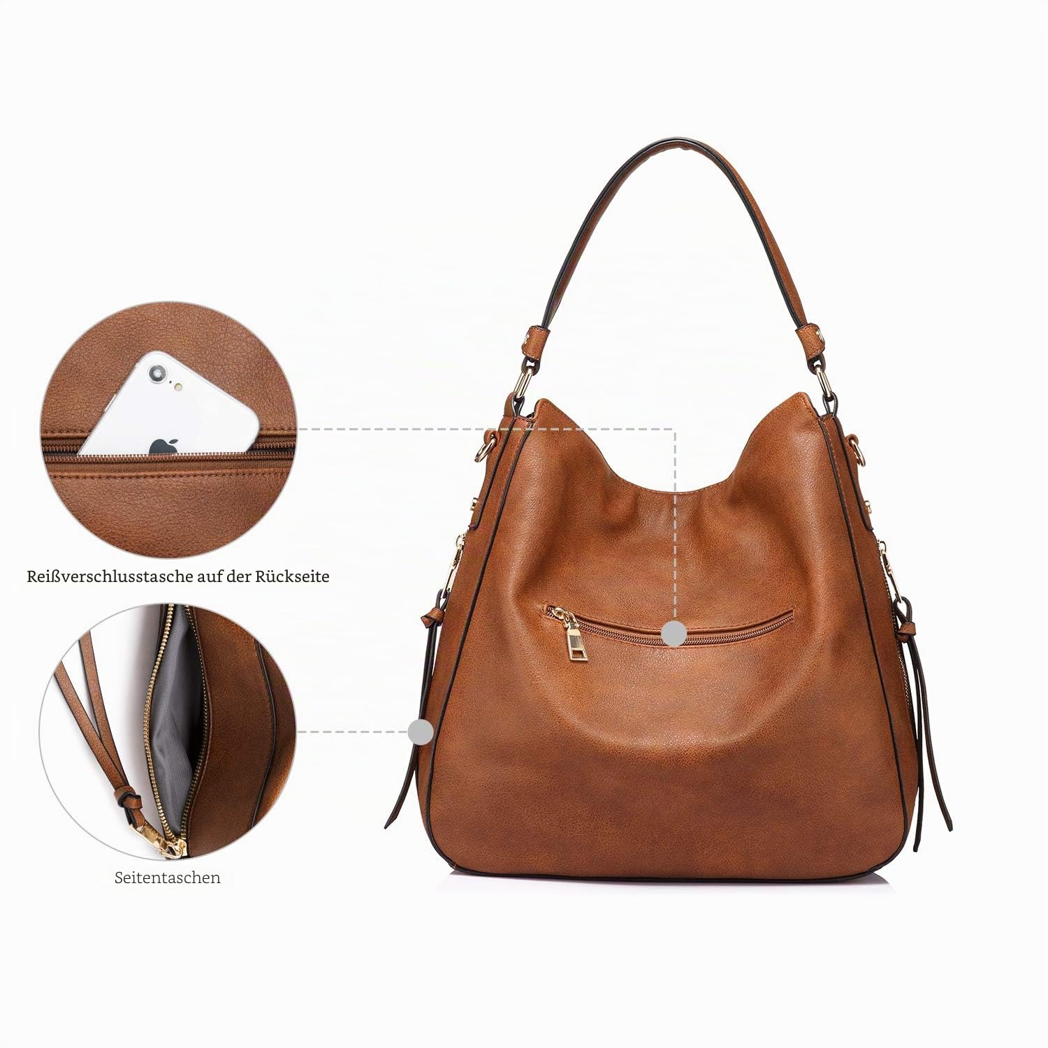 Realer Handtasche Damen Mittelgroß, Shopper Tasche Groß, PU Leder Schultertasche Umhängetasche, Vintage Hobo Bag für Büro Arbeit Einkauf, Braun
