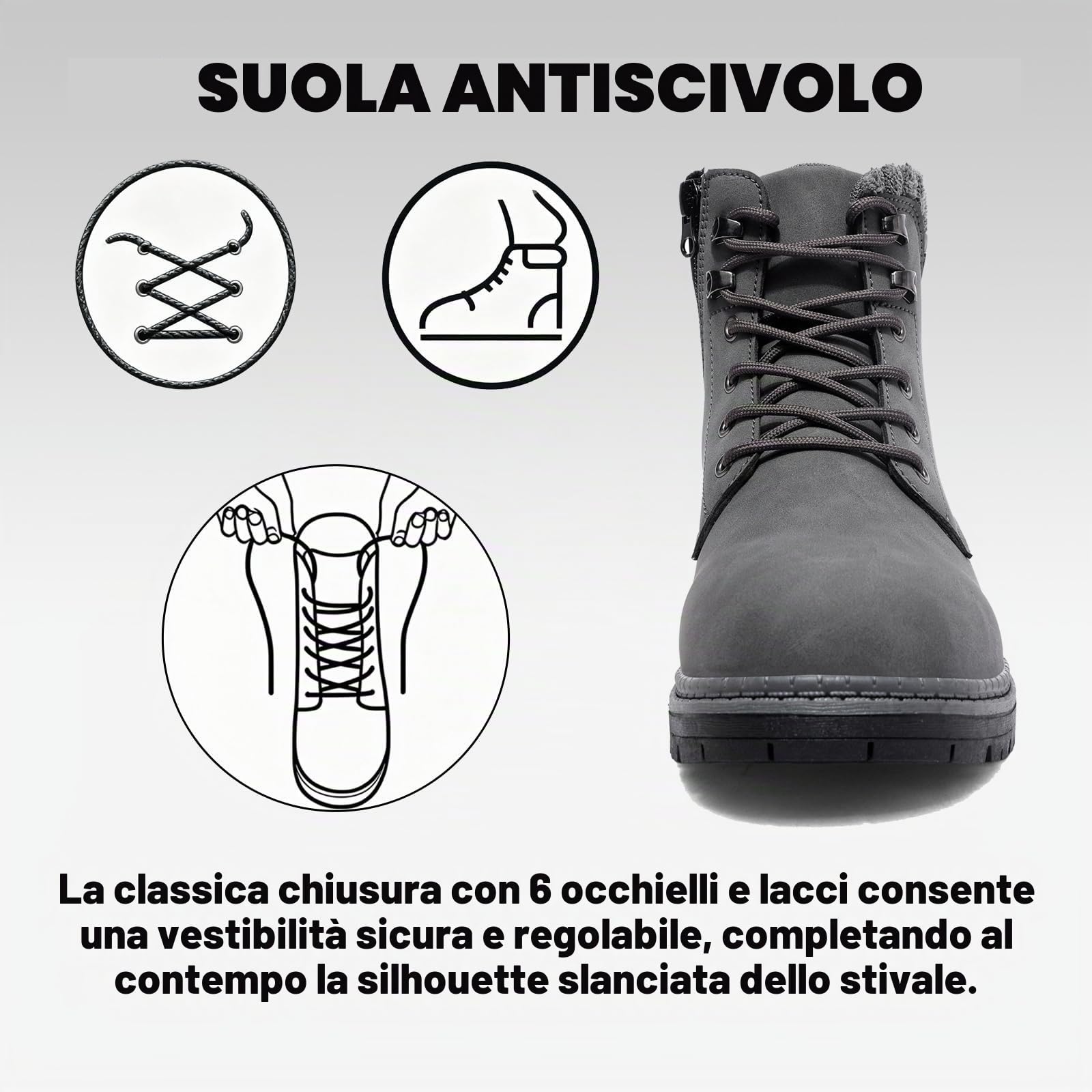 Stivali Donna Inverno Scarpe da Neve Impermeabili Stivaletti Pelliccia Stringate Outdoor Stivali da Trekking Caldi Snow Boots GR.37-42 Grigio-41EU