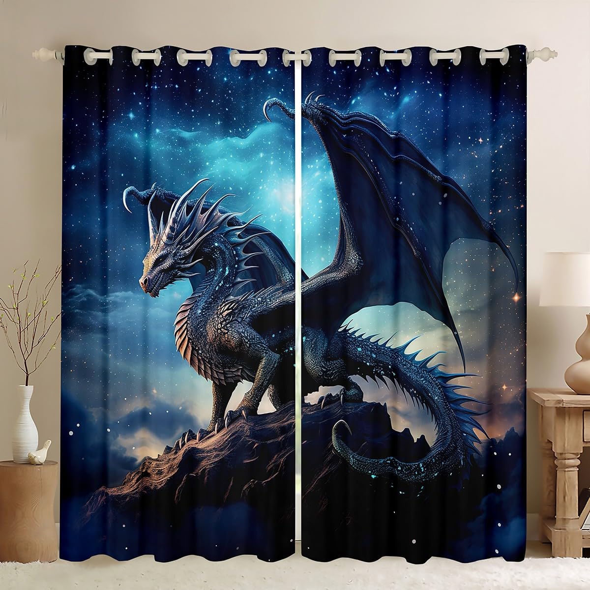 Erosebridal 3D Dragon Curtains for Girls Boys Magic Wildlife Curtains & Drapes, Blue Galaxy Blackout Curtains Magical Animal Bedroom Curtains, Mystic Stars Window Treatments Kids Child Bedroom Decor
