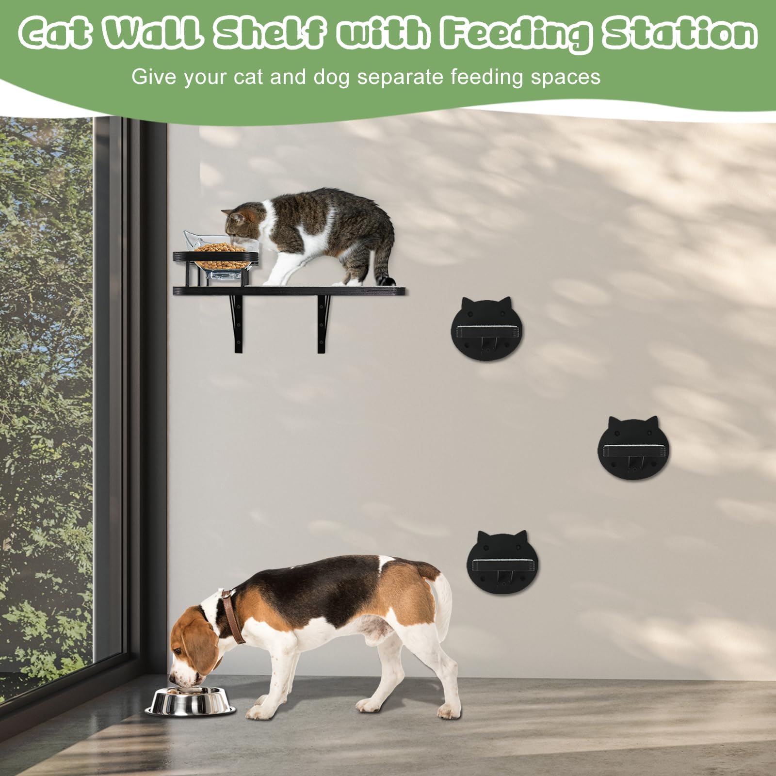 Katzen-Wandregale, Möbel-Set mit 2 Futternäpfen, Kletterwandsysteme aus Holz mit Kratzunterlage und 3 Stufen, schwebende Regale, Bettsitzstangen, Wandmontage für den Innenbereich, passend bis zu 6,8