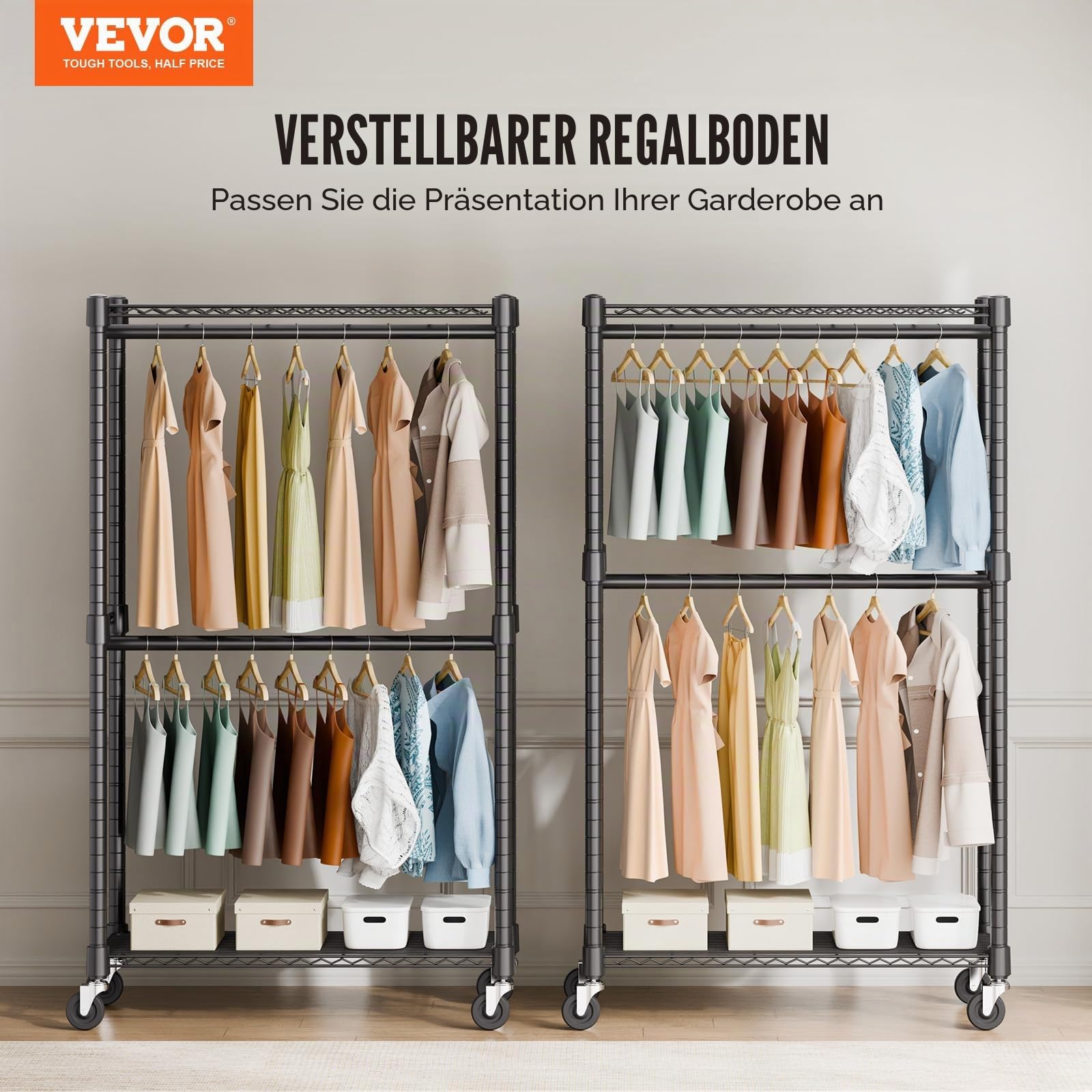 VEVOR Rollbarer Kleiderständer Garderobenständer 1 Kleiderstange, 2-lagig, 136 kg Belastbar Strapazierfähiger Rollbarer Kleiderständer für Schlafzimmer, Wäscheraum, Ankleidezimmer, Eingang usw.