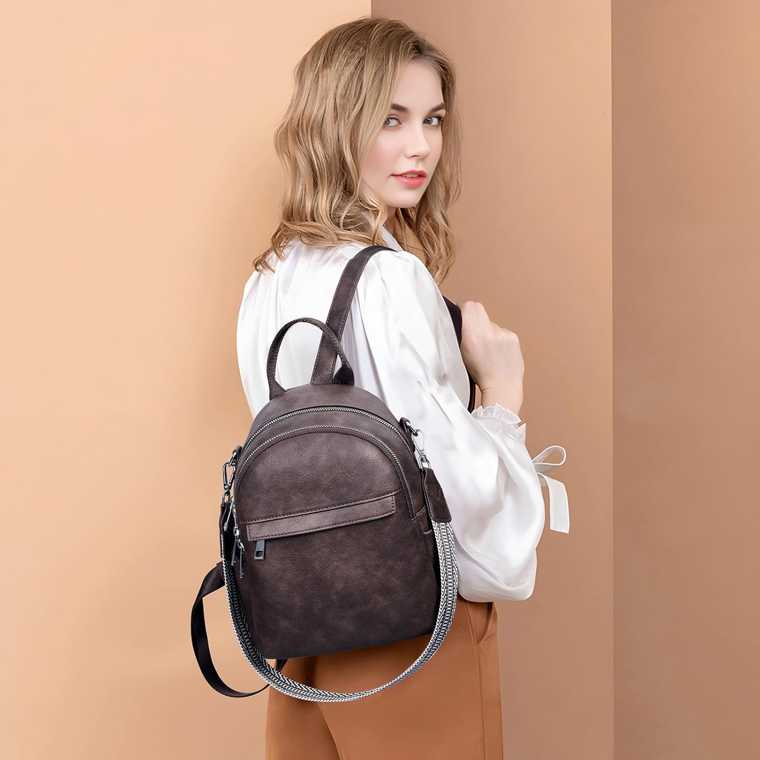 Small Backpack Purse for Women Leather Mini Convertible Designer Backpack Travel Shoulder Fashion Bag Coffee - Image 2