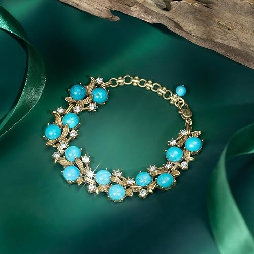 Miniatura 4 de HZMAN Pulsera floral turquesa vintage, hecha a mano de latón grueso con piedra natural para mujer, regalo retro