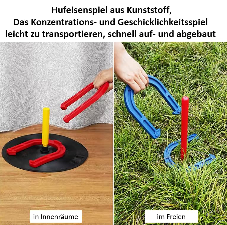 Jeu de fer à cheval - Pour l'intérieur et l'extérieur - 2 poteaux avec assiette en caoutchouc, 2 piquets de jardin, 4 fers à cheval en caoutchouc, avec sac en filet