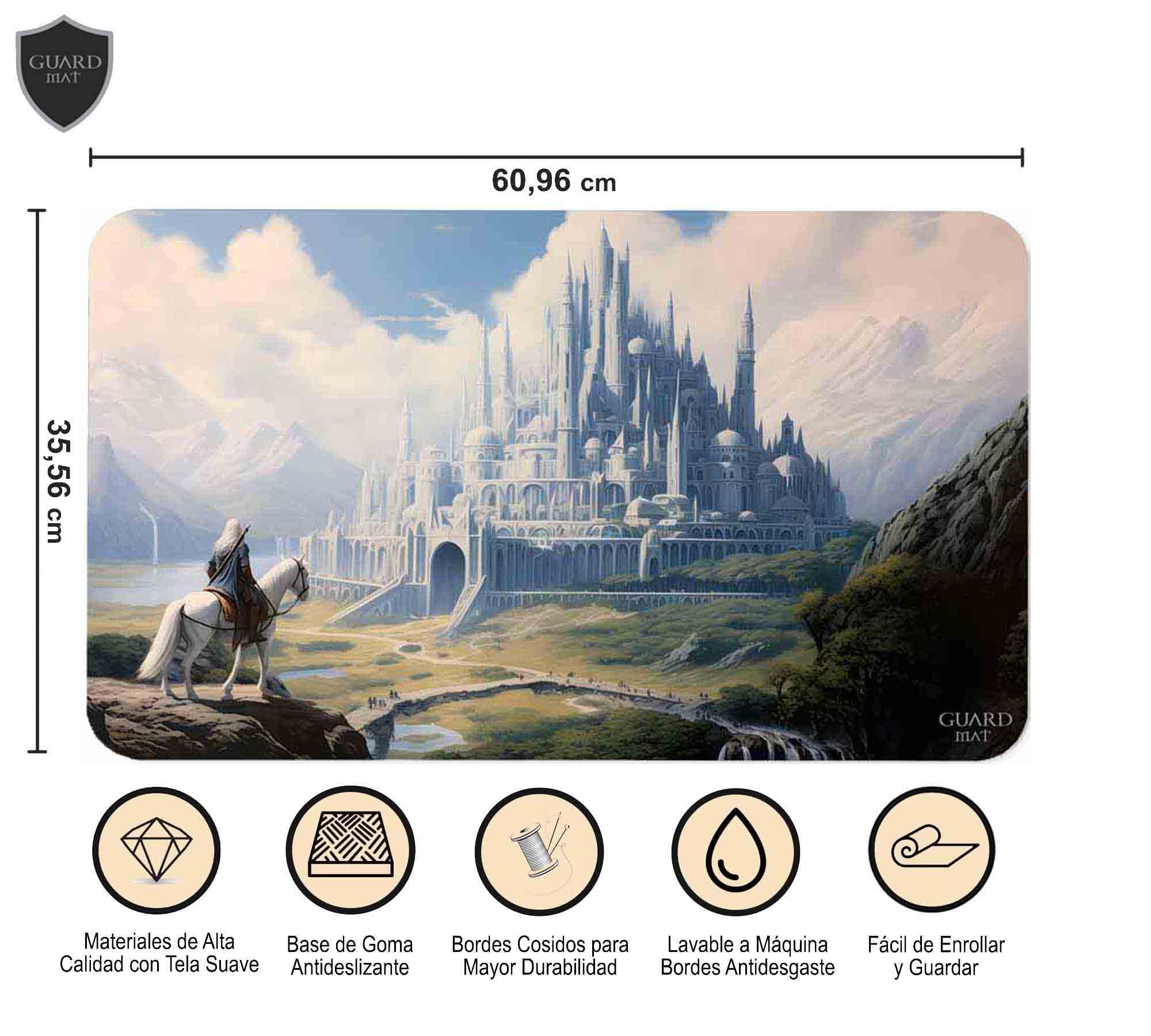 Minas Tirith (Bordes Cosidos) - Tapete para Cartas Magic - Alfombrilla de Juego - Playmat Compatible con MTG, Señor de los Anillos, TCG, Juegos de Mesa