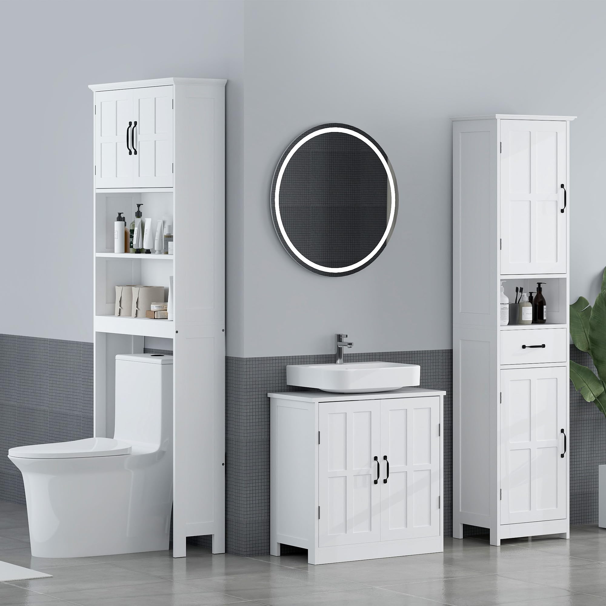 kleankin Mueble para Debajo del Lavabo, Mueble Baño 60x30x60 cm Blanco | Armario Bajo del Lavabo, Estante Ajustable, Puerta Doble, Carga 20 kg