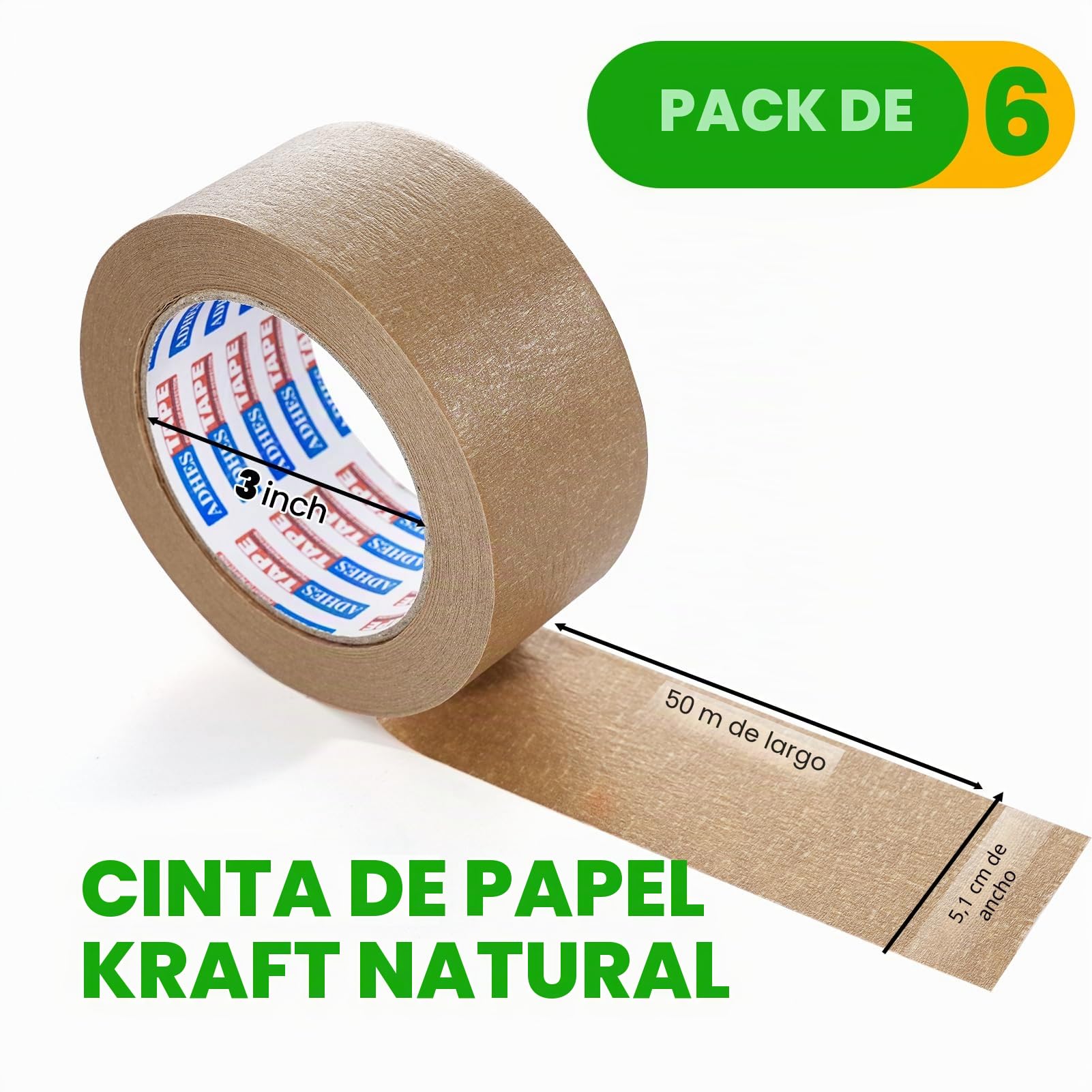 ADHES Cinta de embalaje de papel kraft Biológico Cinta adhesiva para paquetes y cajas reciclable ecológico marrón 50mm x 50m