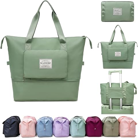 Wazdorf 41 Liter Expandable Travel Bags for Women, Duffle Bags for Women Luggage, Foldable Vanity Traveling Bag, Waterproof Hand Bag for Ladies Personal Items, light green, 41 x 22 x 26 CM, Luggage