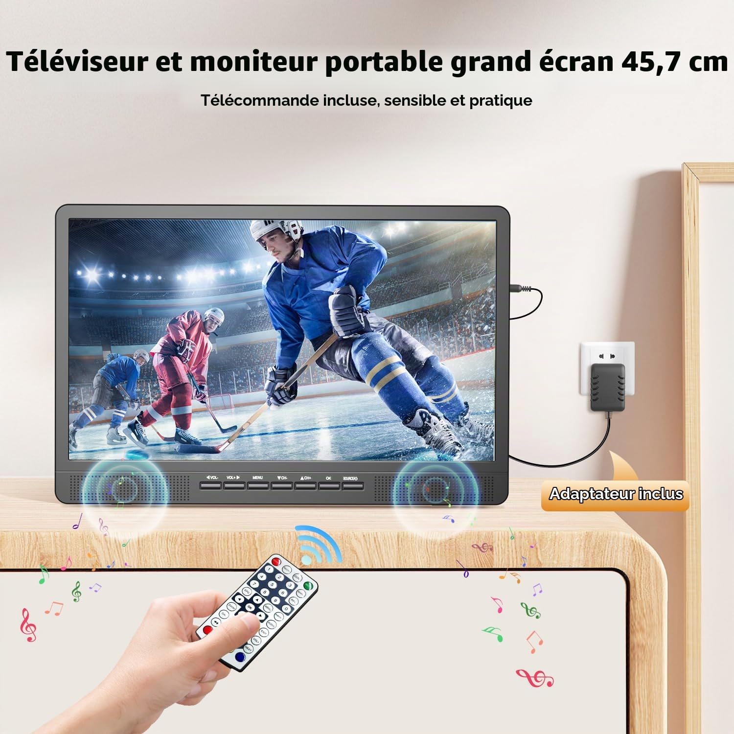 Desobry TV Portable 18 Pouces avec antenne, Mini TV avec Tuner DVB/T2 | Mini téléviseur LCD 12V, HD 1080P, pour Le Camping en Plein air, la Chambre, la Cuisine, supporte Les entrées USB/HDMI/AV