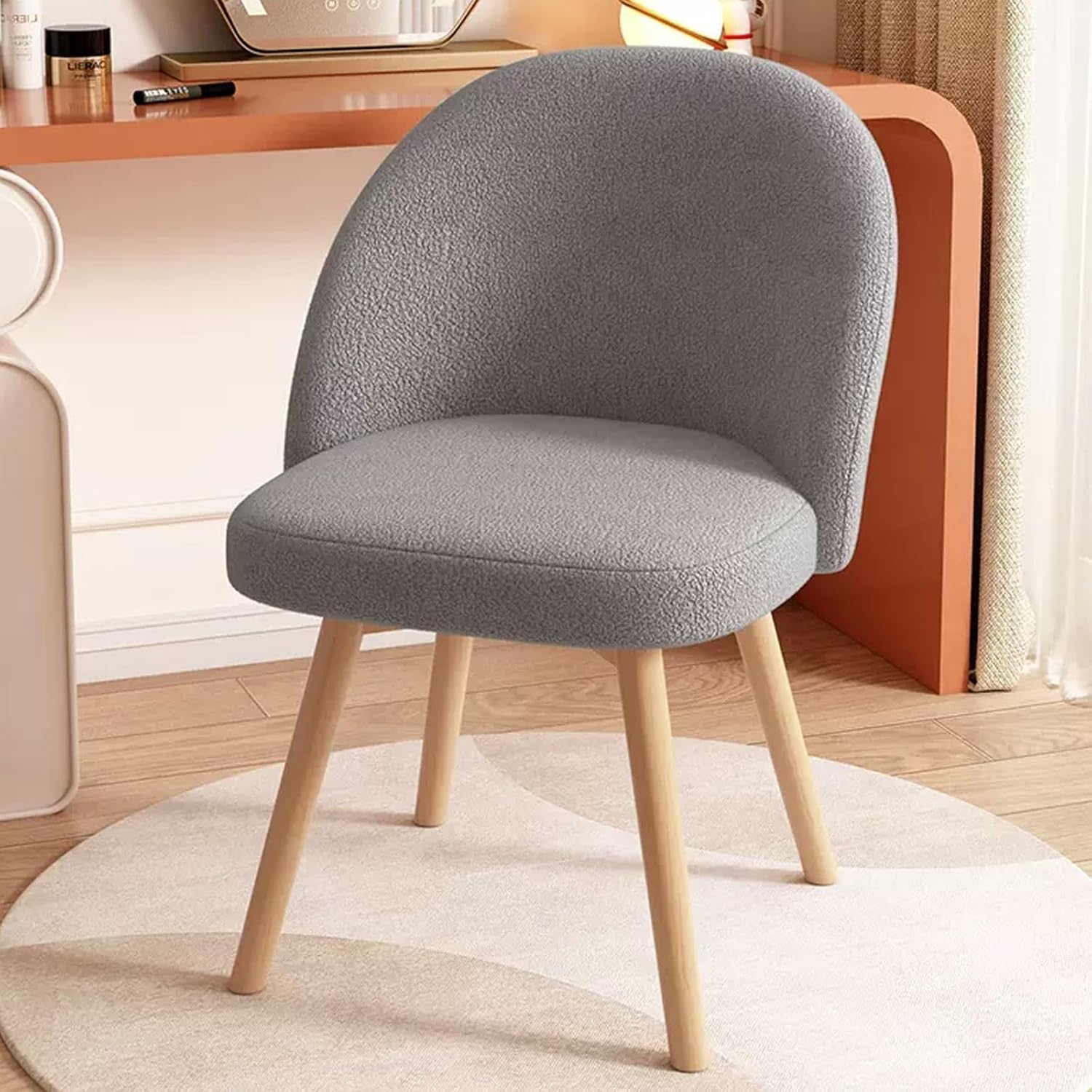Tabouret de maquillage pivotant en coton gris avec jambes en bois pour chambre