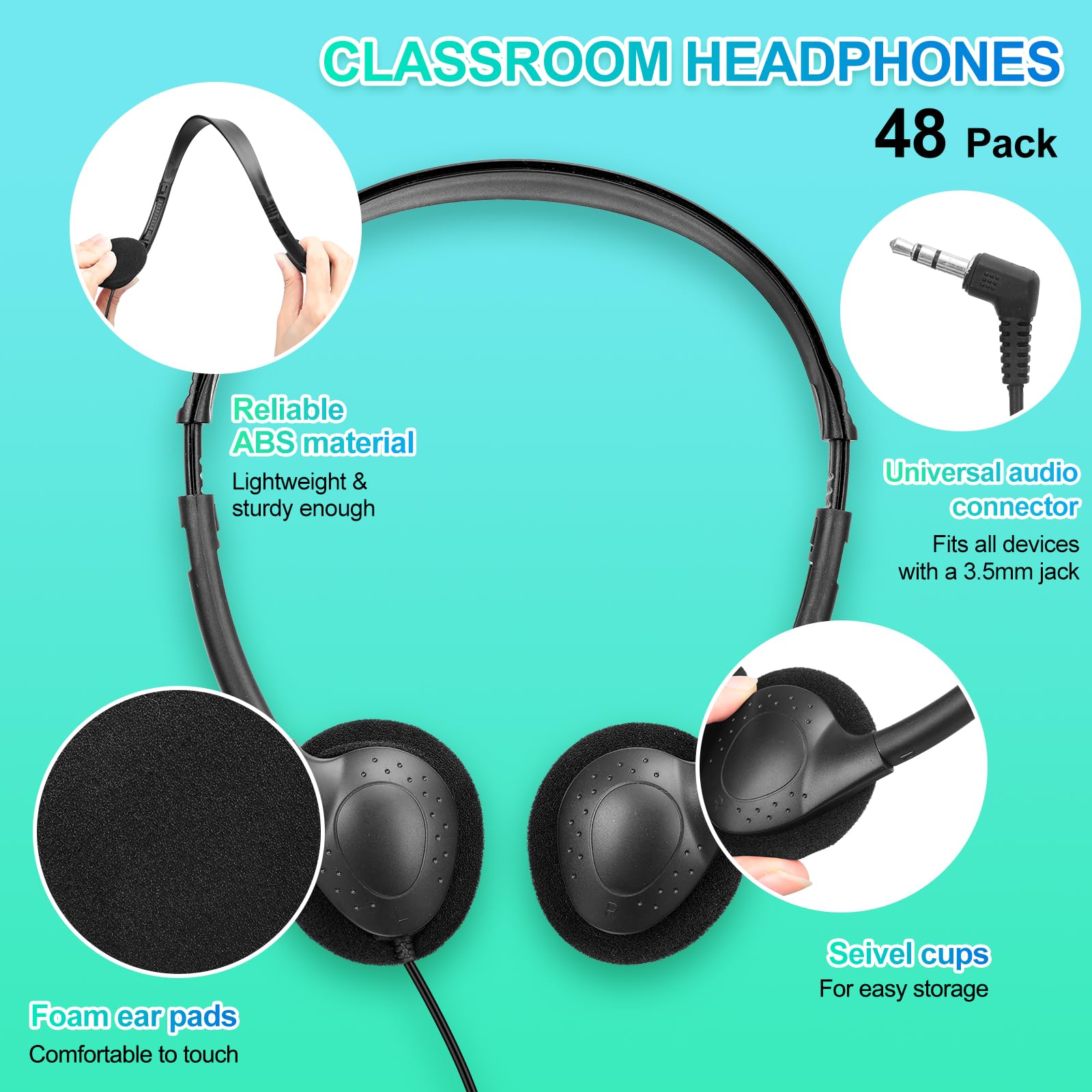 Frienda Set di 48 cuffie per aula con cavo stereo con jack da 3,5 mm, set di auricolari per studenti per bambini, adulti, scuola, biblioteca, aereo, computer portatile, senza microfono, nero