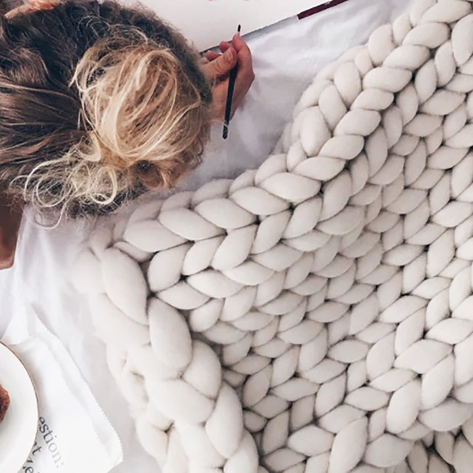 Couverture Tricotée Grosse Maille – Plaid Chaud En Chenille De Coton, Fait Main Avec Pompons
