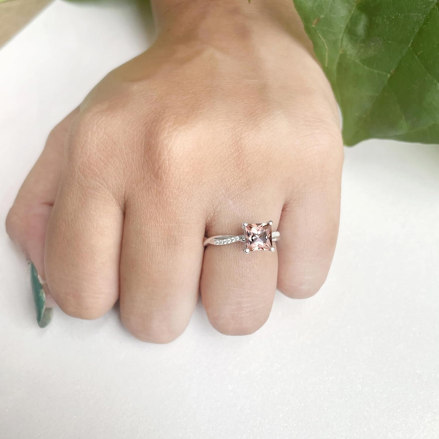 1 Carat Princess Cut Morganite & Diamond Twisted Solitaire With Accent Engagement Ring For Women, 14K Gold Plated 925 Silver Morganite Swirl Bypass Bridal Side Stone Ring