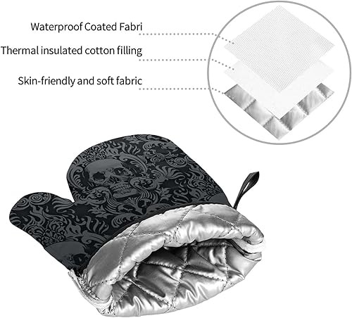 Miniatura 7 de NELife Juego de 4 guantes de horno y agarraderas de damasco con calavera negra gótica victoriana, almohadillas calientes resistentes con guantes de