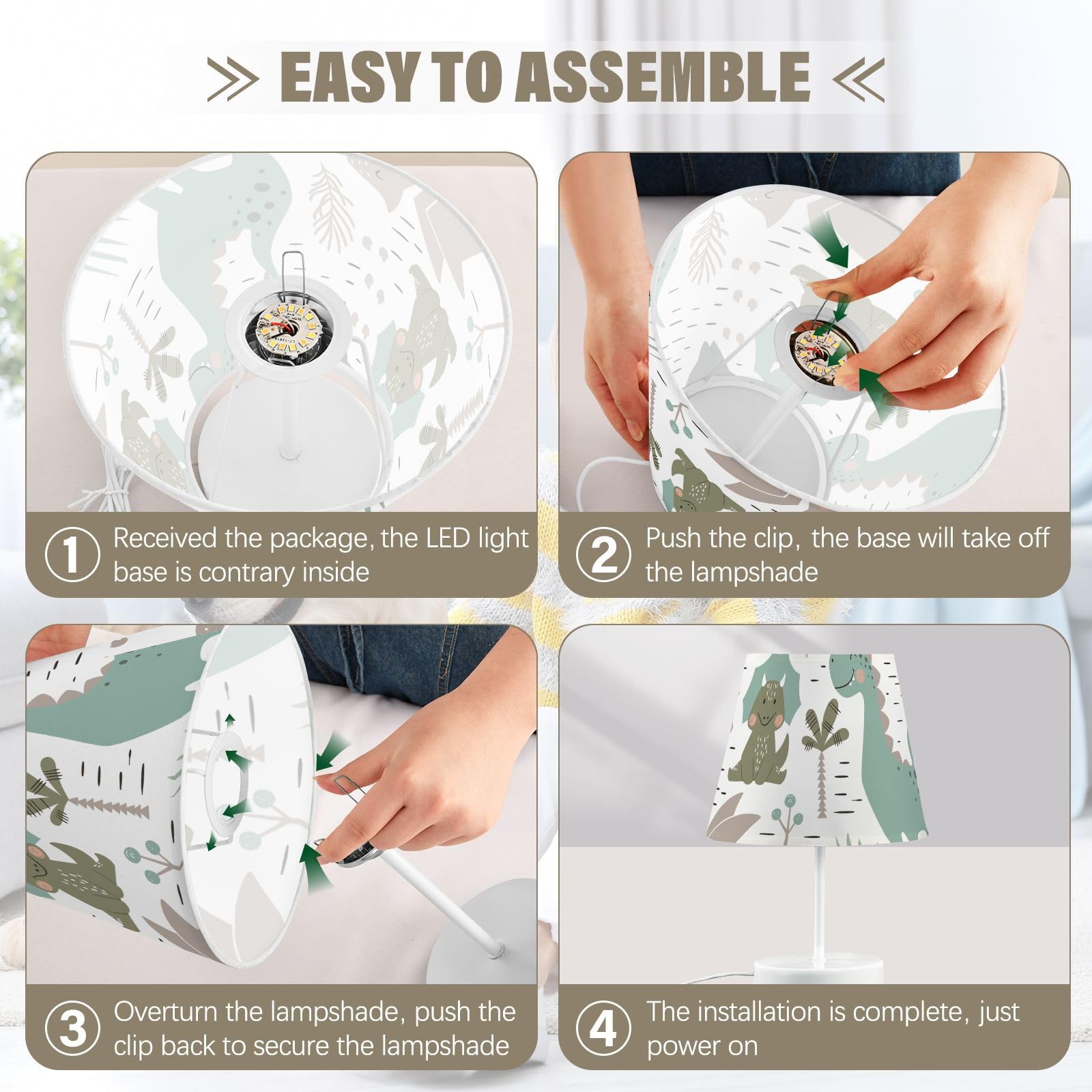 Mnsruu Lámpara de mesita de noche infantil con dinosaurios verdes, bombillas LED, lámpara de escritorio, pantallas de tela para dormitorio, sala de estar, mediana