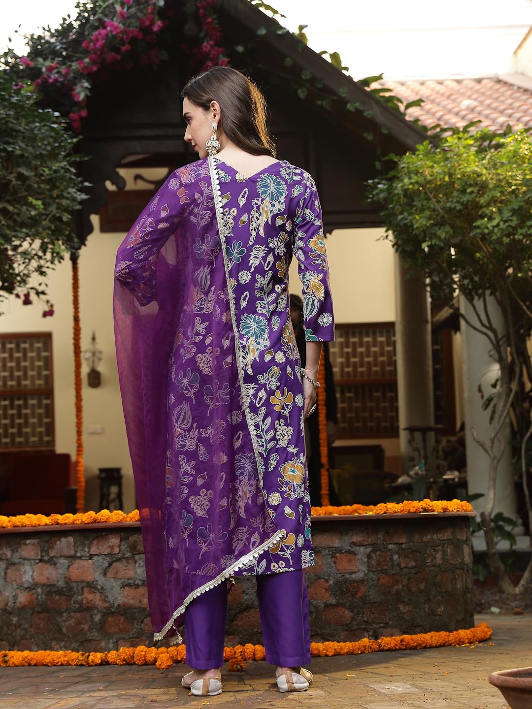 Stylum Women's Floral Printed Rayon Straight Kurta Pant Dupatta Set (Kpdvoilfrance38_Violet, M)