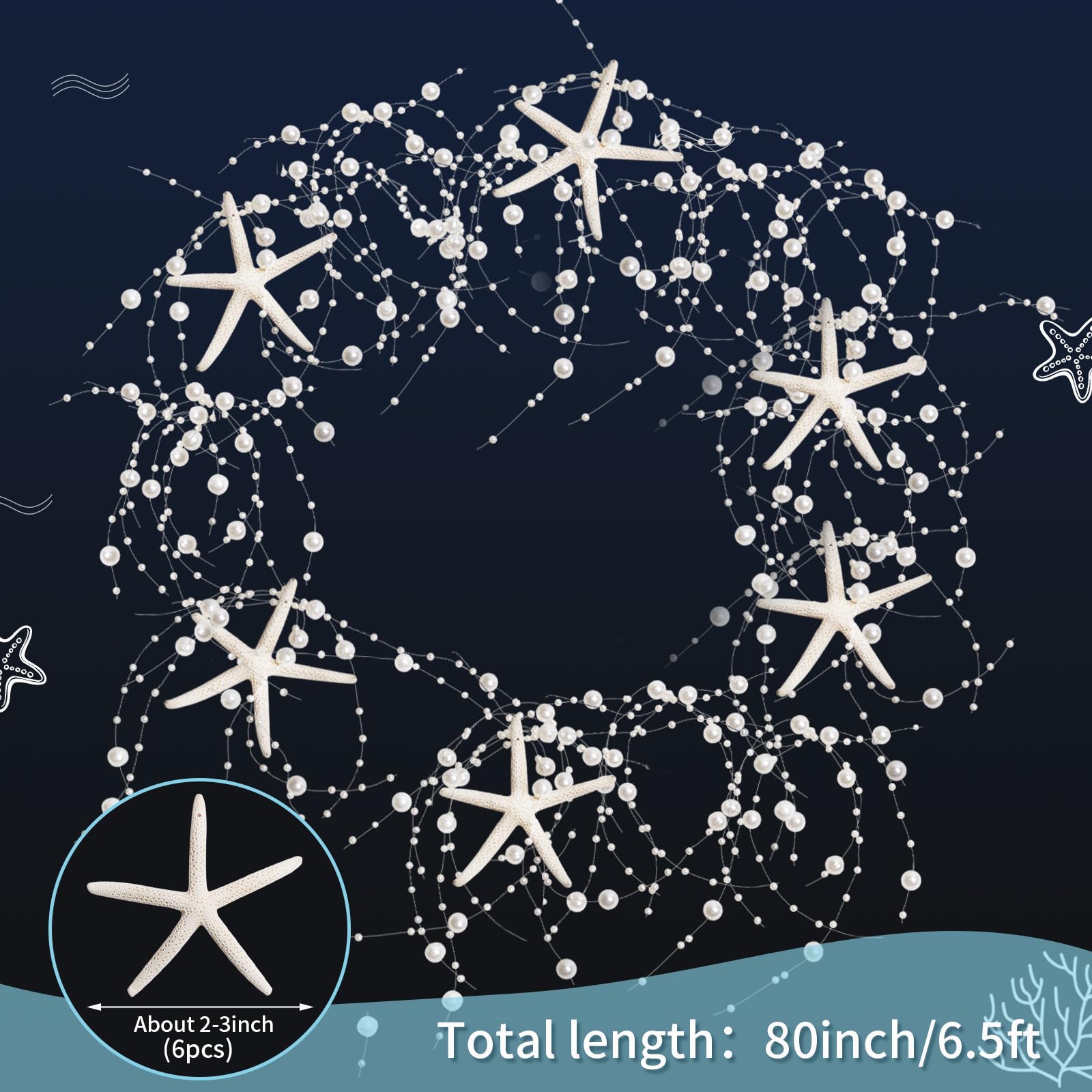 Perlen Seestern Girlande Weihnachtsdekorationen 203,2 cm natürliche Seestern Weihnachten Perlen Girlande mit 6 Stück Finger Seestern für Weihnachtsbaum Strand Heimdekoration Lieferungen Perlen