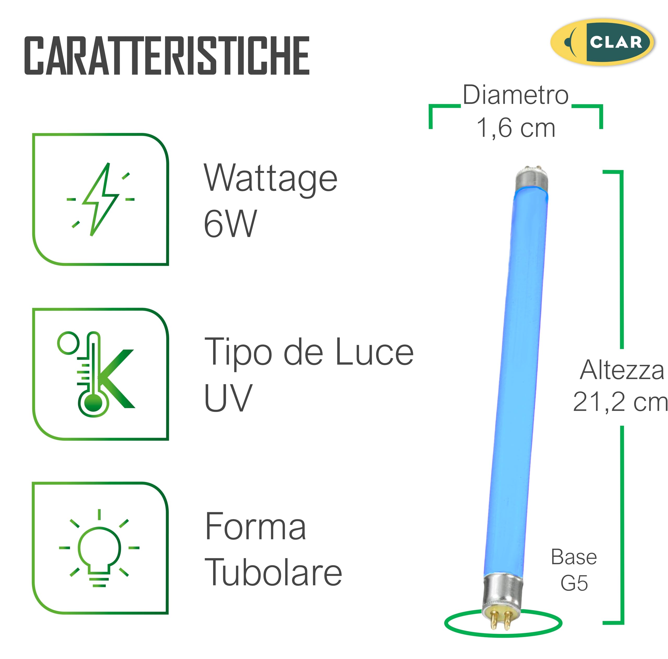 CLAR - Neon Per Zanzariera Elettrica, Lampada UV T5, Neon UV, Lampadine Antizanzare, Lampada Attinica, Lampadina Antizanzare, Lampadina Anti Insetti Per Esterno, 21,2 x 1,6 cm (6 Watts T5, Pack 5)