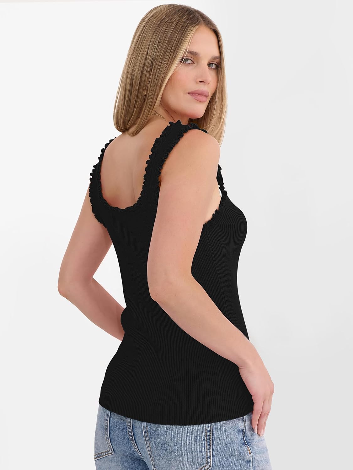 ANRABESS Tank Tops for Women Summer 2026 Square Neck Ruffle Straps Ribbed Knit Slim Fit Casual Cute Sleeveless Sweater Tank - Image 4