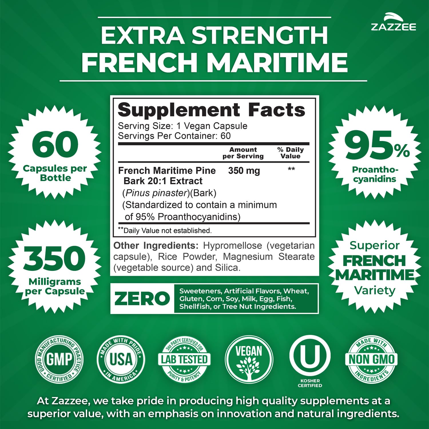Zazzee Extra Strength French Maritime Pine Bark Extract 20:1, 60 Capsules — Amazon image 2