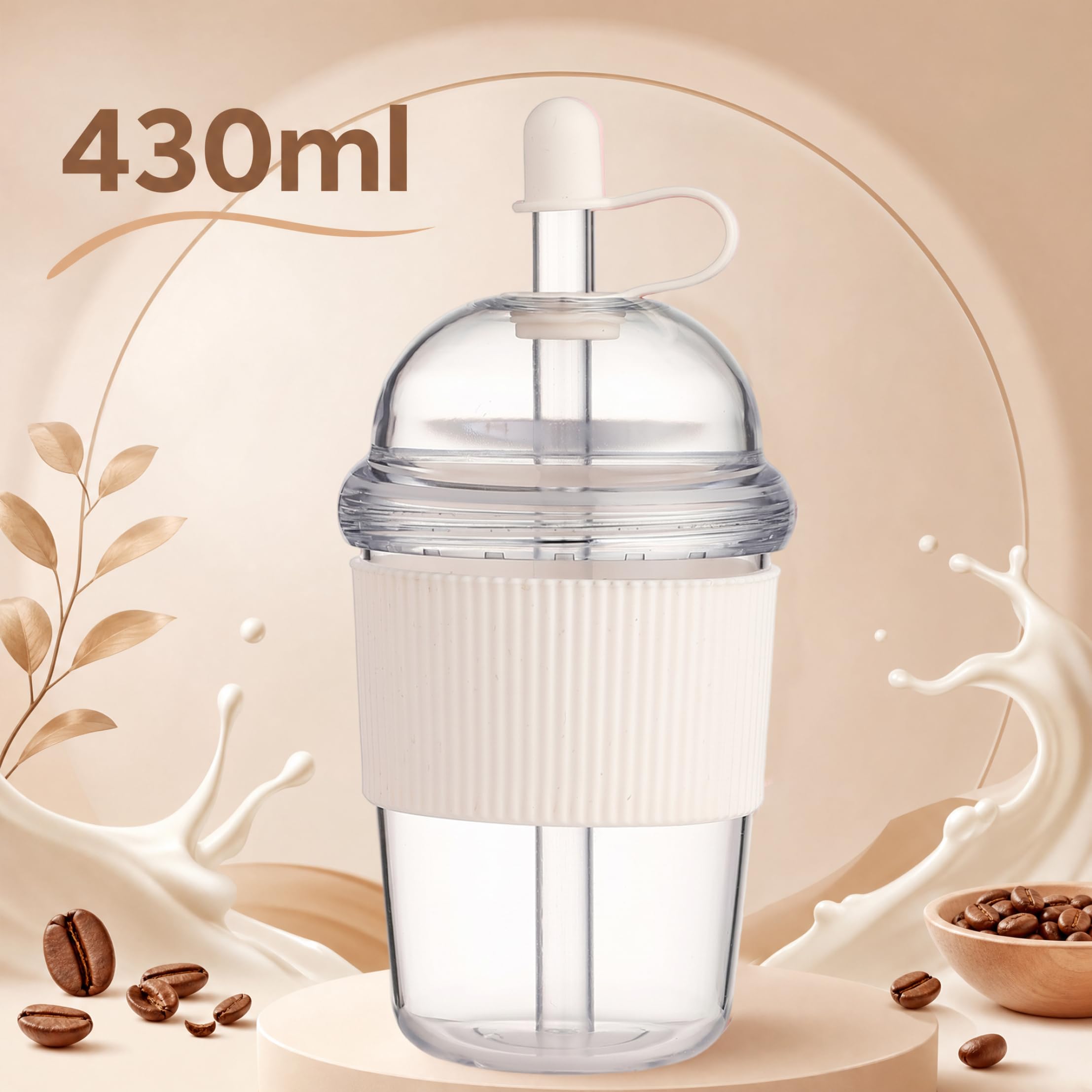 Wiederverwendbarer Eiskaffeebecher, 430 ml Eiskaffeebecher mit Strohhalm – Wasserbecher mit verbrühungshemmender Silikonhülle, weiß